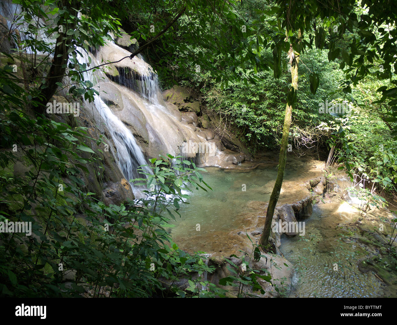 Cascade dans les ruines de Palenque, Chiapas, Mexique Banque D'Images