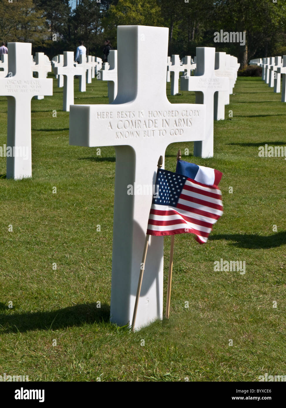 Tombe du soldat américain inconnu, cimetière américain d'Omaha Beach en Normandie, France Banque D'Images