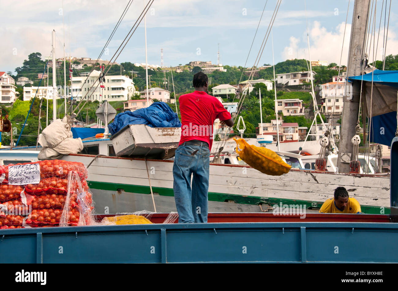 La Grenade St Georges Carenage Harbour docker en chemise rouge loading produire sur un navire commercial Banque D'Images