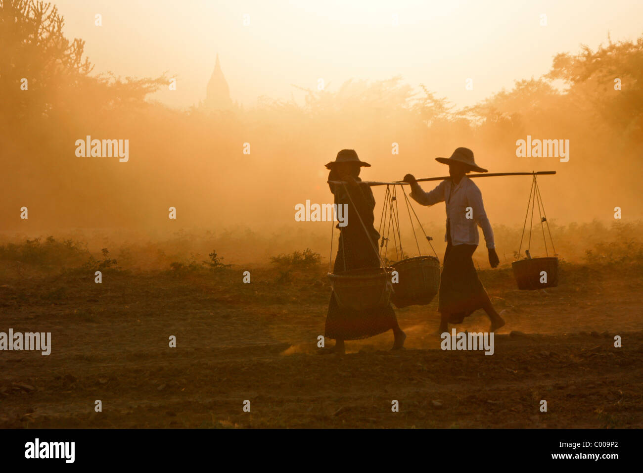 Les femmes rurales portant des paniers au coucher du soleil, Bagan (Pagan), le Myanmar (Birmanie) Banque D'Images