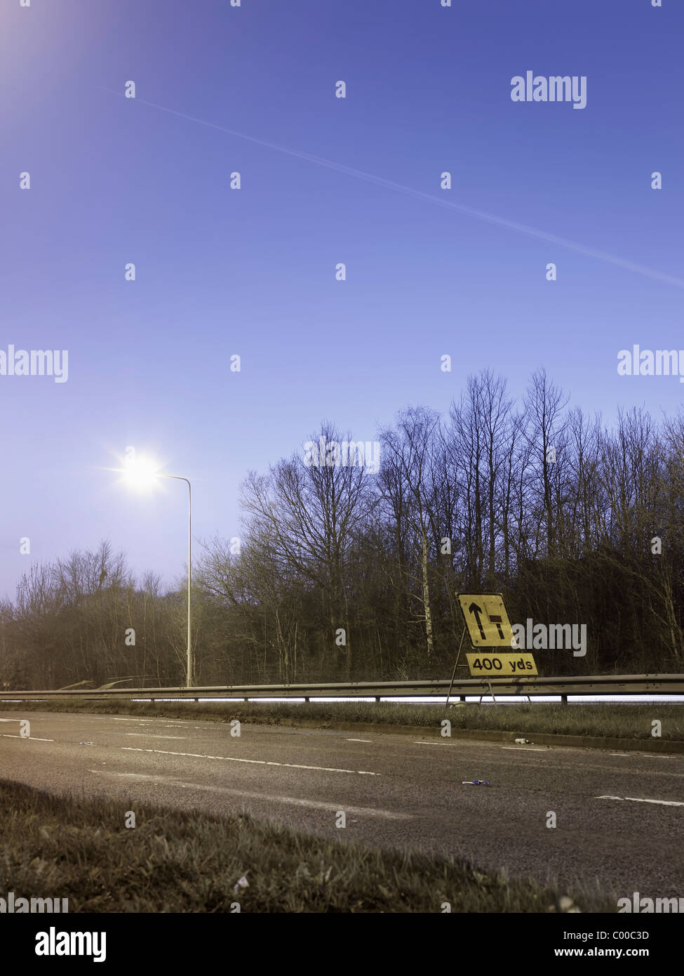 Route et arbres éclairés par des lumières de rue dans la nuit avec un ciel bleu , pris par endroits Banque D'Images