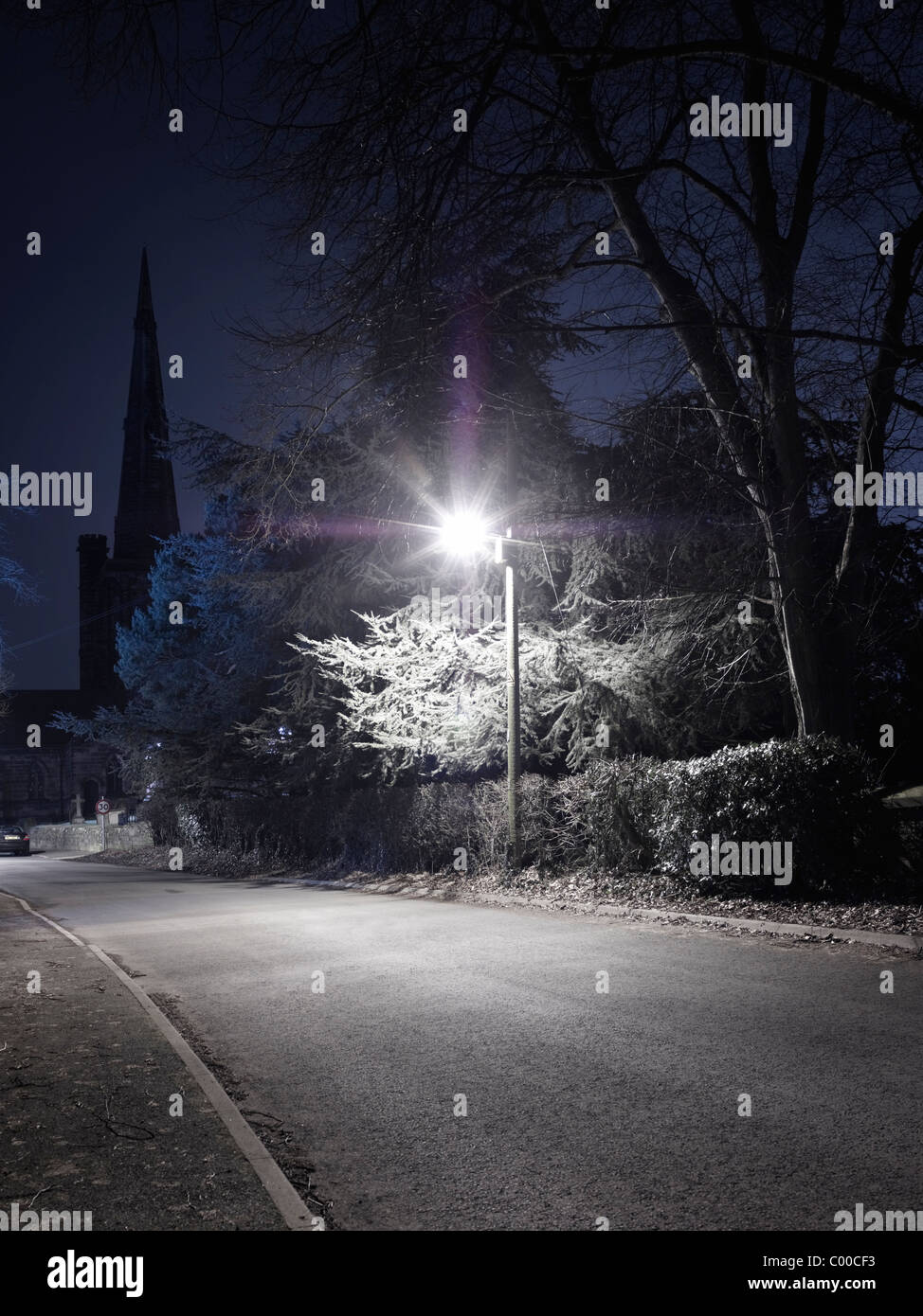 Route et arbres éclairés par des lumières de rue dans la nuit avec un ciel bleu , pris par endroits Banque D'Images