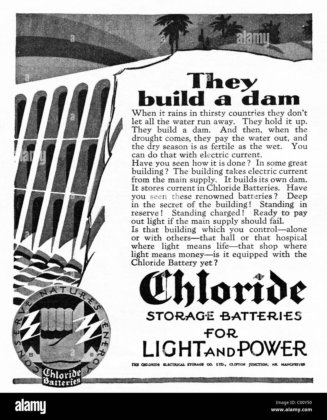 Années 1920 annonce dans une revue pour le chlorure de batteries pour la lumière et la puissance Banque D'Images