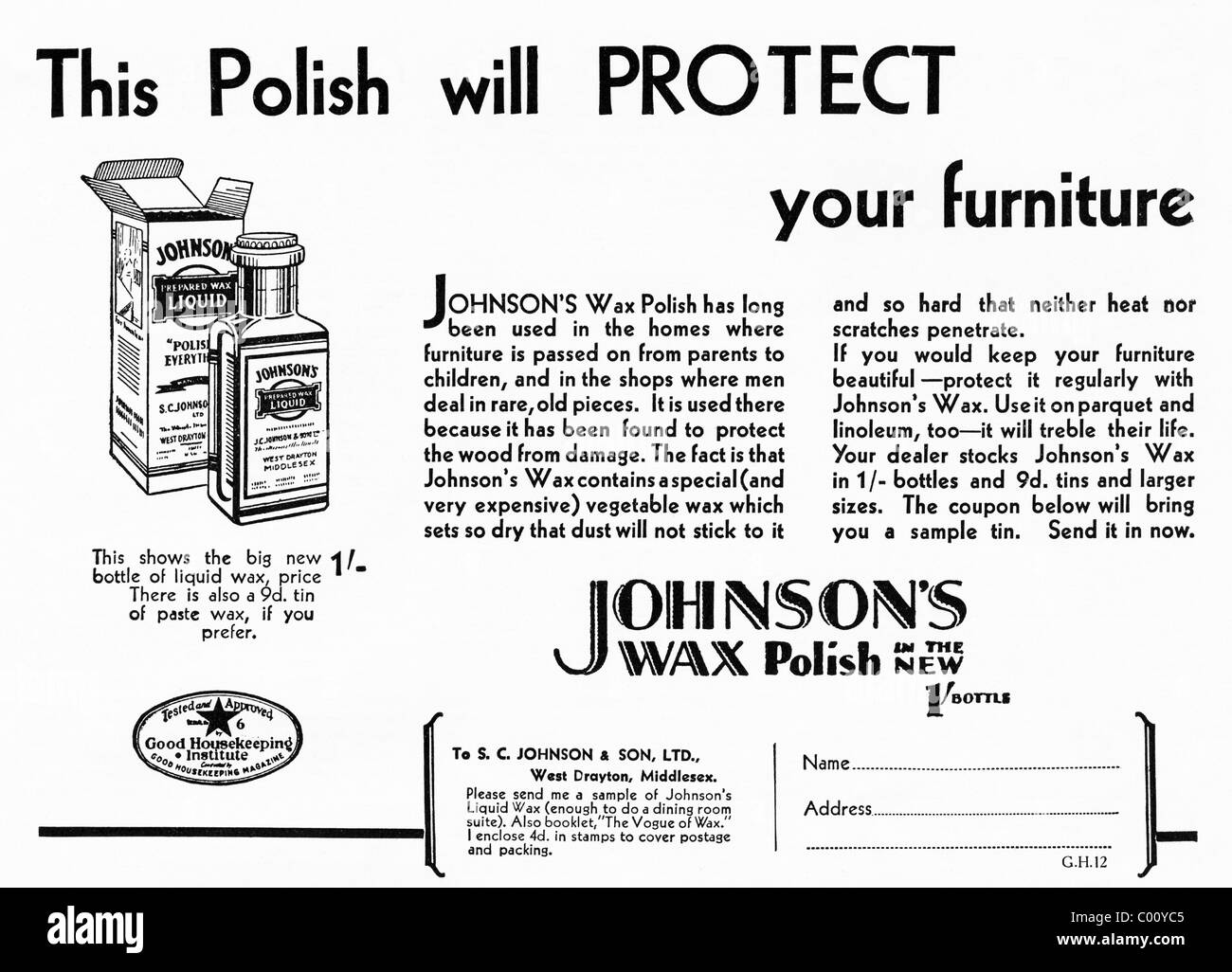 Années 1920 annonce dans une revue pour JOHNSON WAX POLISH pour le mobilier Banque D'Images