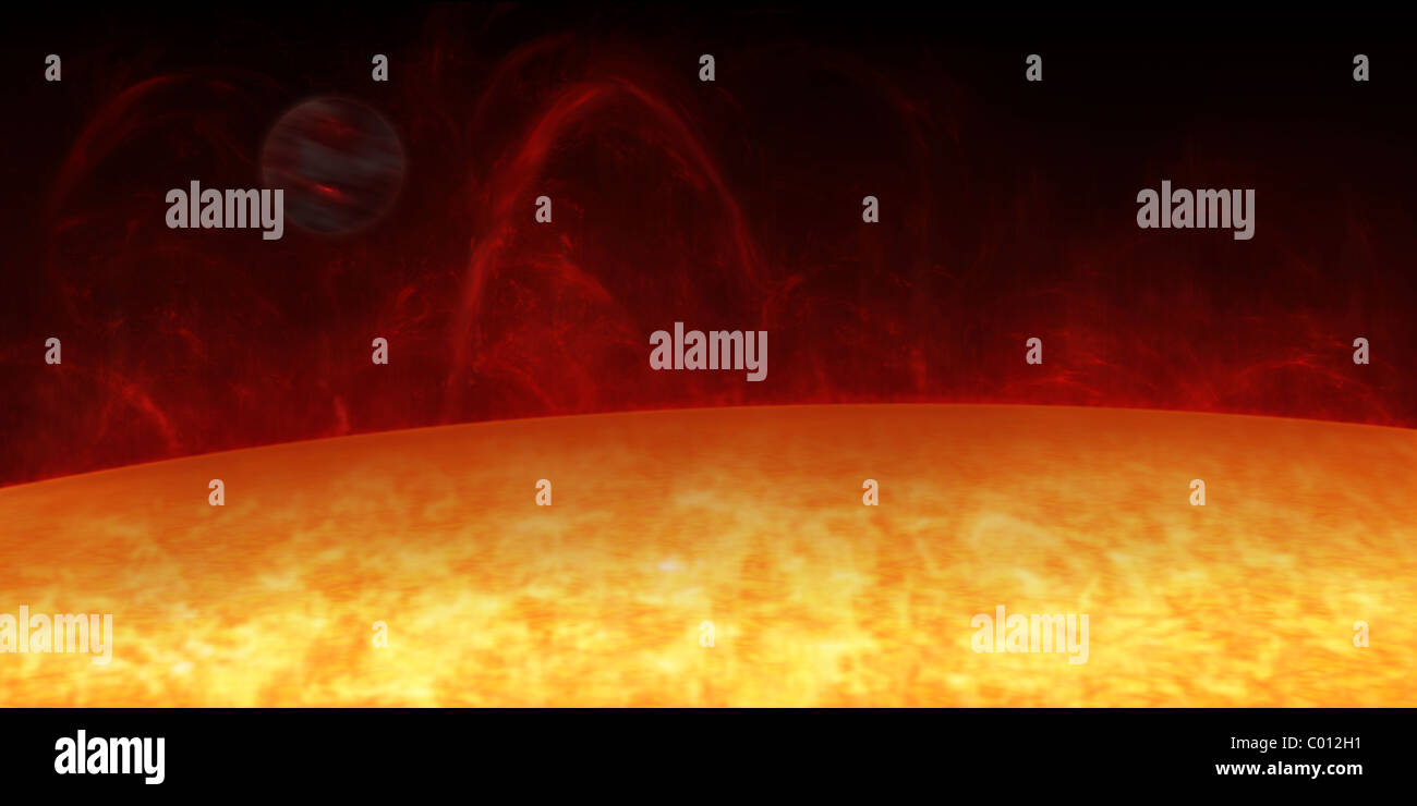 Concept de l'artiste d'un Jupiter chaud orbitant autour d'une étoile nommée 51 Pegasi. Banque D'Images