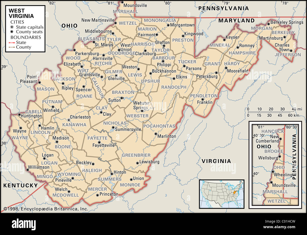 Carte politique de la West Virginia Banque D'Images