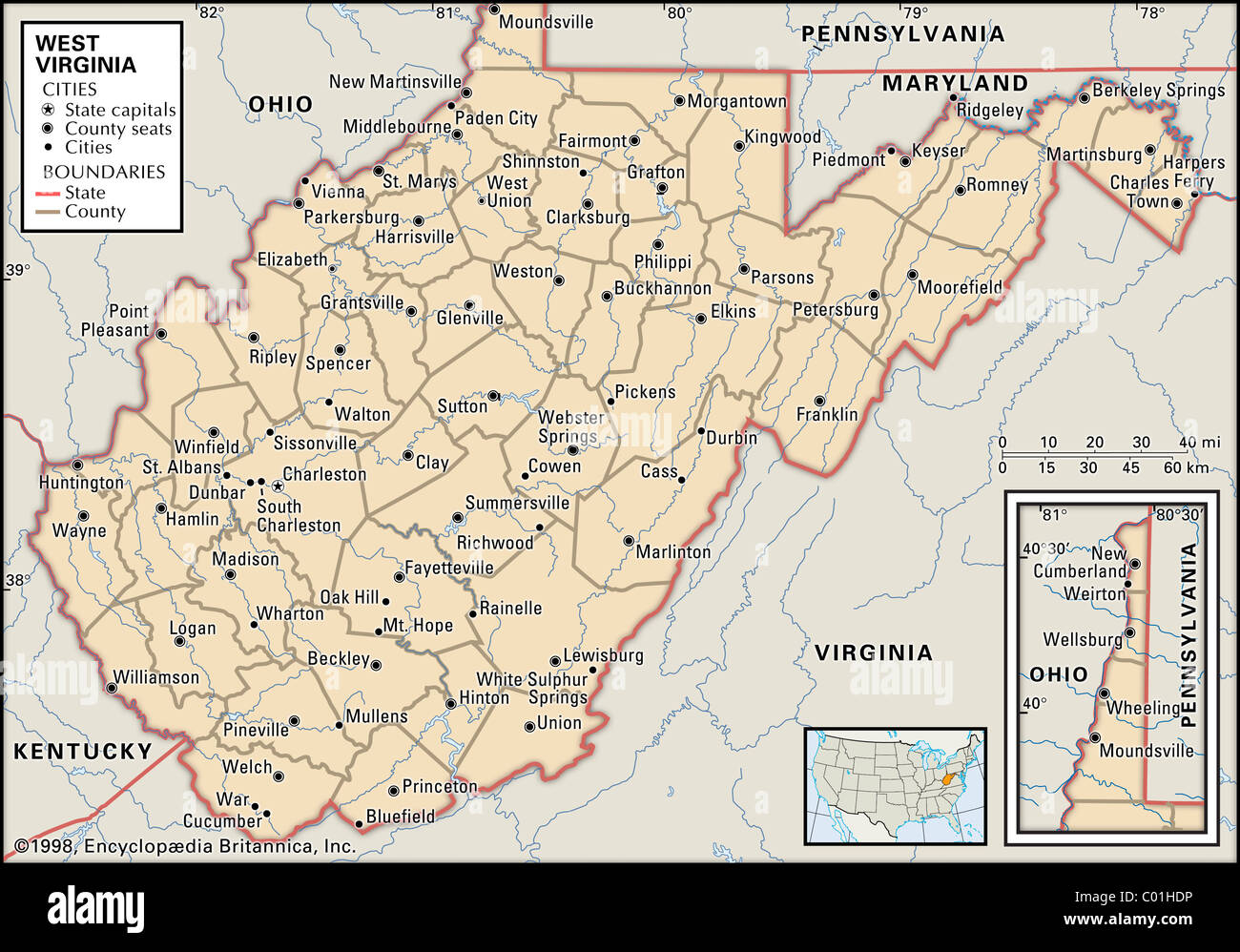 Carte politique de la West Virginia Banque D'Images