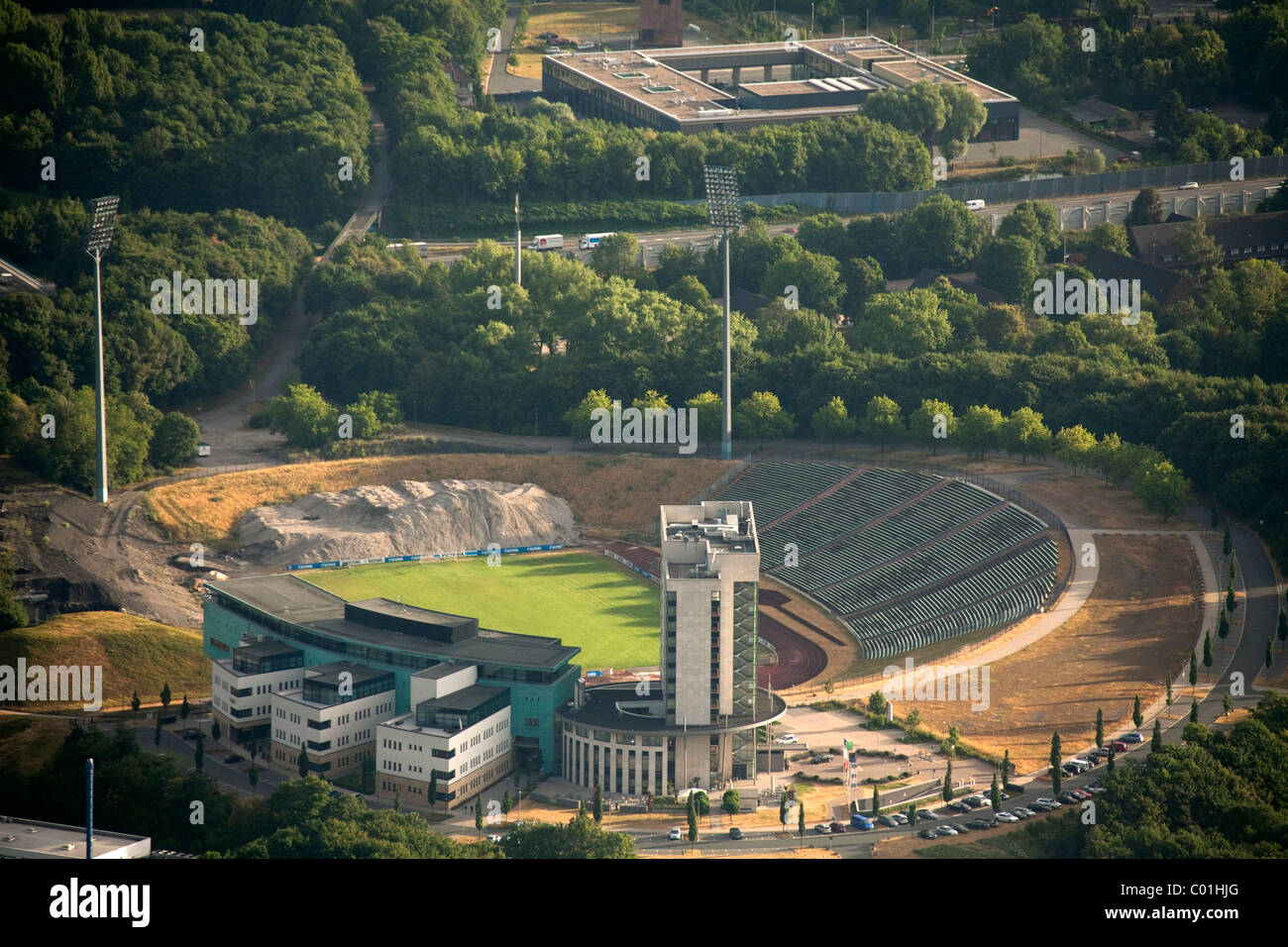 Vue aérienne, quartier Buer, Schalkearena, du stade Arena auf Schalke, stade Veltins-Arena stadium, l'ancien Parkstadion Banque D'Images