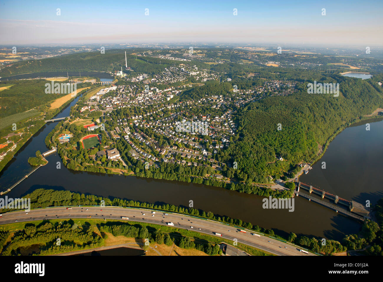 Vue aérienne, l'aqueduc sur Hensteysee Harkortsee lake, lac, rivière de la vallée de la Ruhr, Ruhrtal, Herdecke, région de la Ruhr Banque D'Images