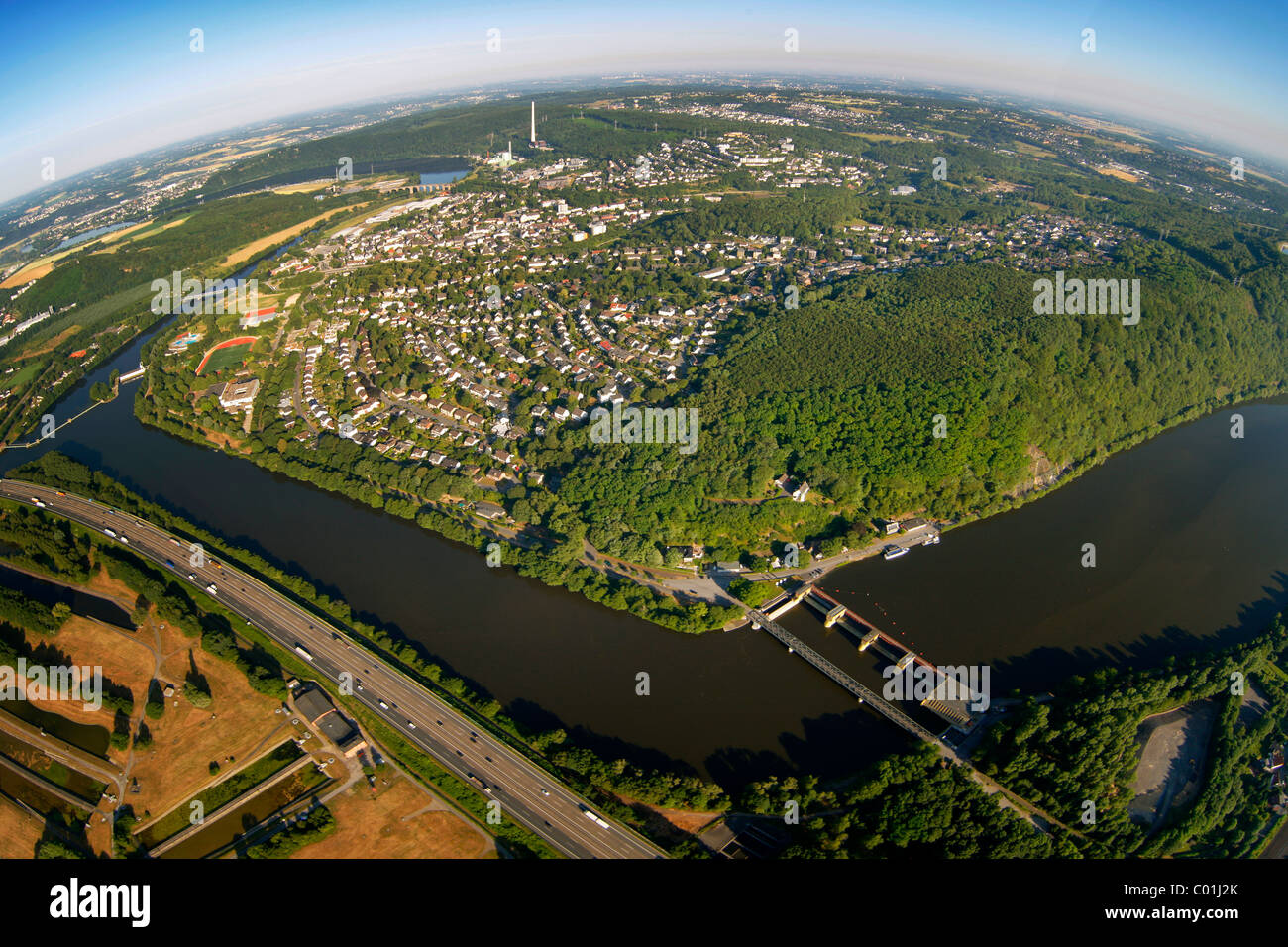 Vue aérienne, l'aqueduc sur Hensteysee Harkortsee lake, lac, rivière de la vallée de la Ruhr, Ruhrtal, Herdecke, région de la Ruhr Banque D'Images