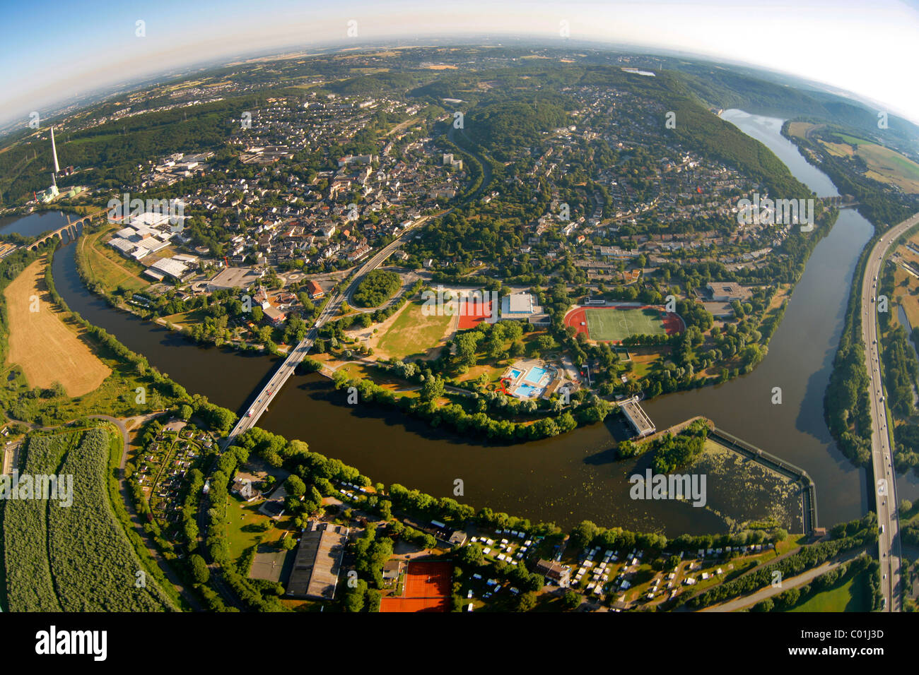 Vue aérienne, Hensteysee Harkortsee lake, lac, rivière de la vallée de la Ruhr, Ruhrtal, Herdecke, région de la Ruhr, Rhénanie du Nord-Westphalie Banque D'Images