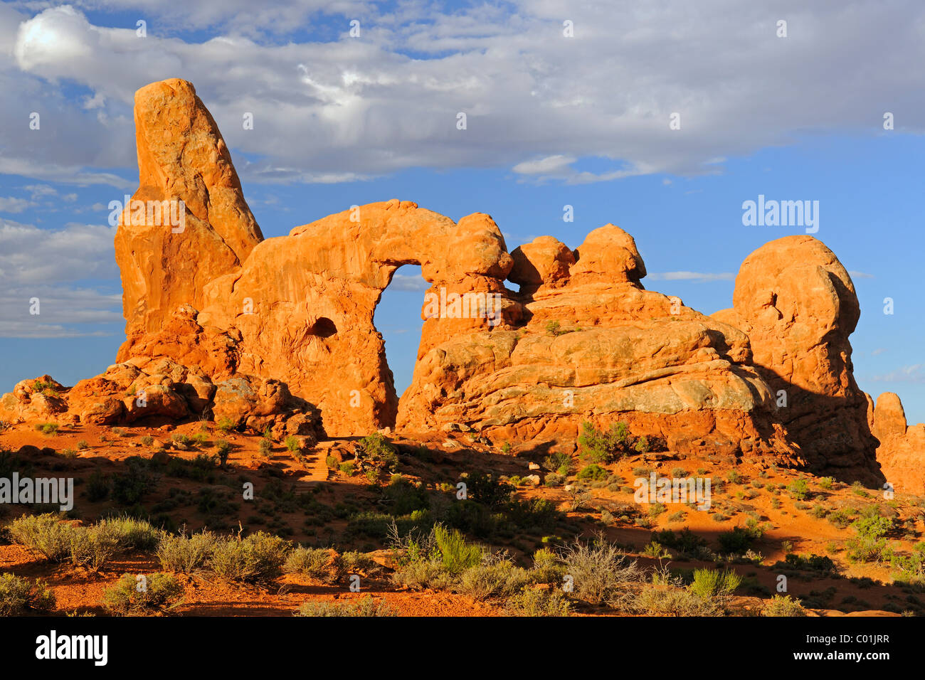 Vue vers les rochers avec la tourelle Arch au lever du soleil, Arches National Park, Utah, USA Sud-ouest Banque D'Images