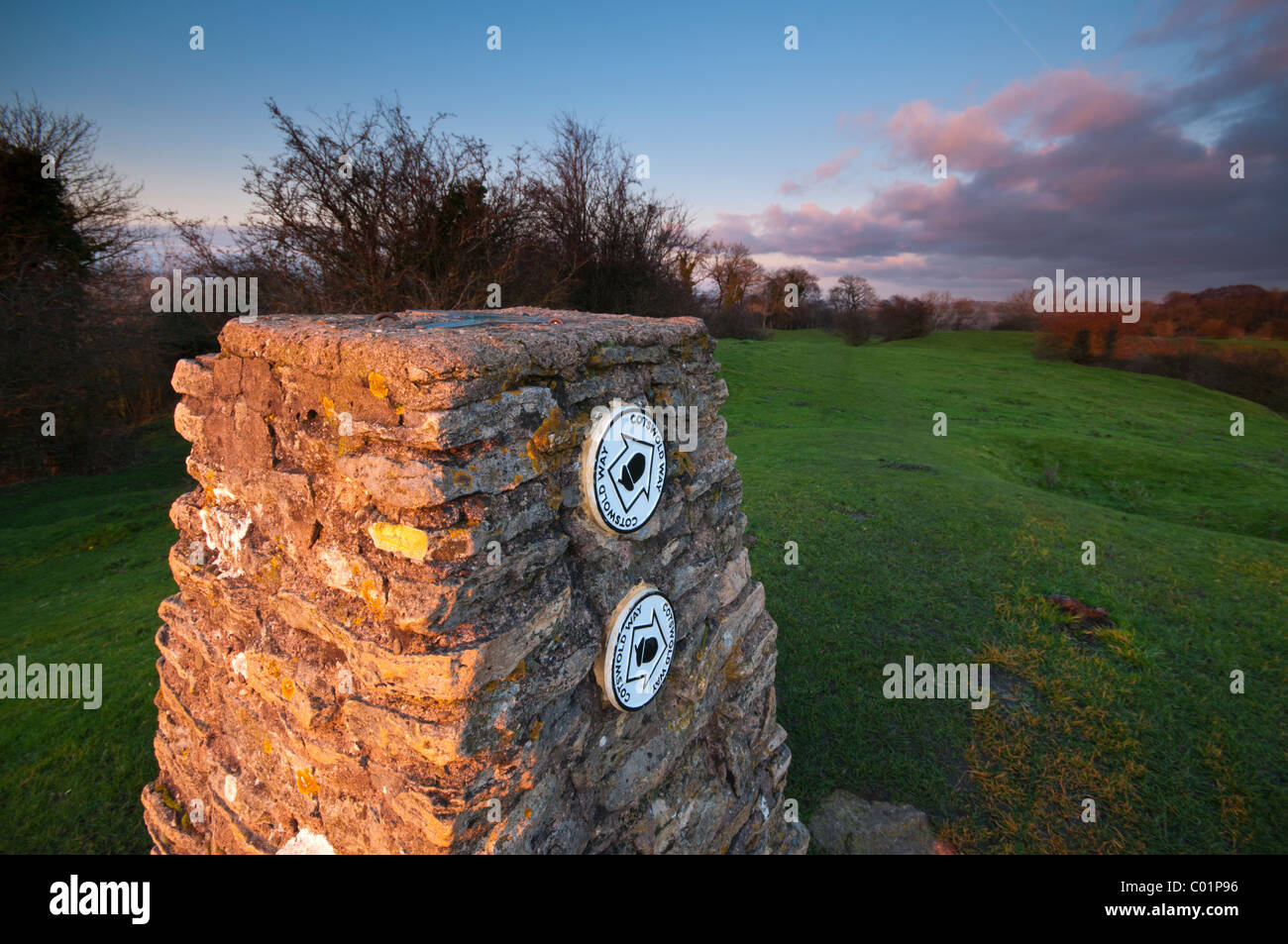 Cotswold Way marque en Haresfield Beacon, Stroud, Gloucestershire, Royaume-Uni Banque D'Images