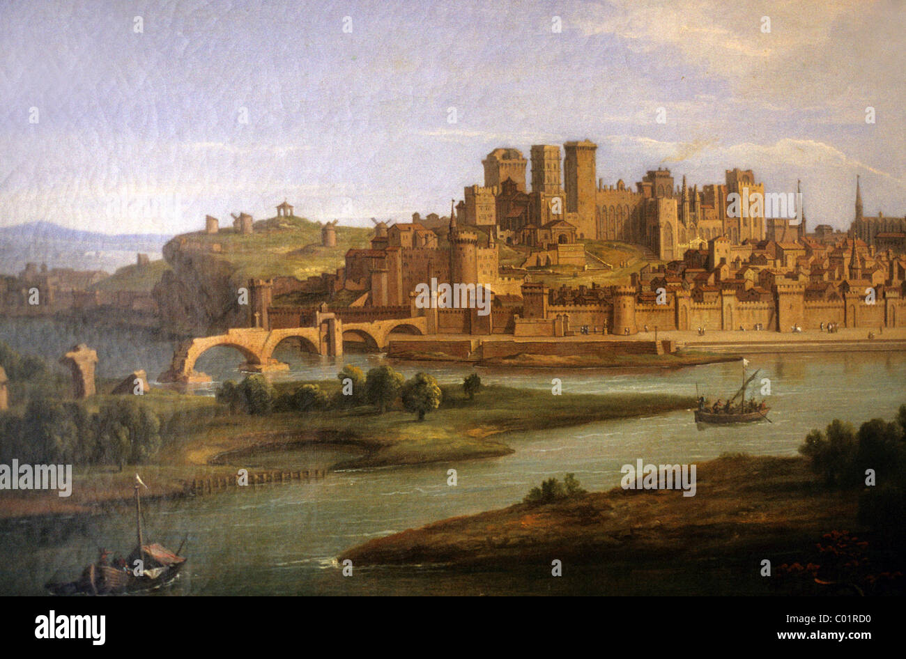 Vue sur la ville historique fortifiée d'Avignon et le Palais des Papes, vue depuis la rive droite du Rhône, peinture à l'huile par R. Bonnart (1652-1729), Provence Banque D'Images