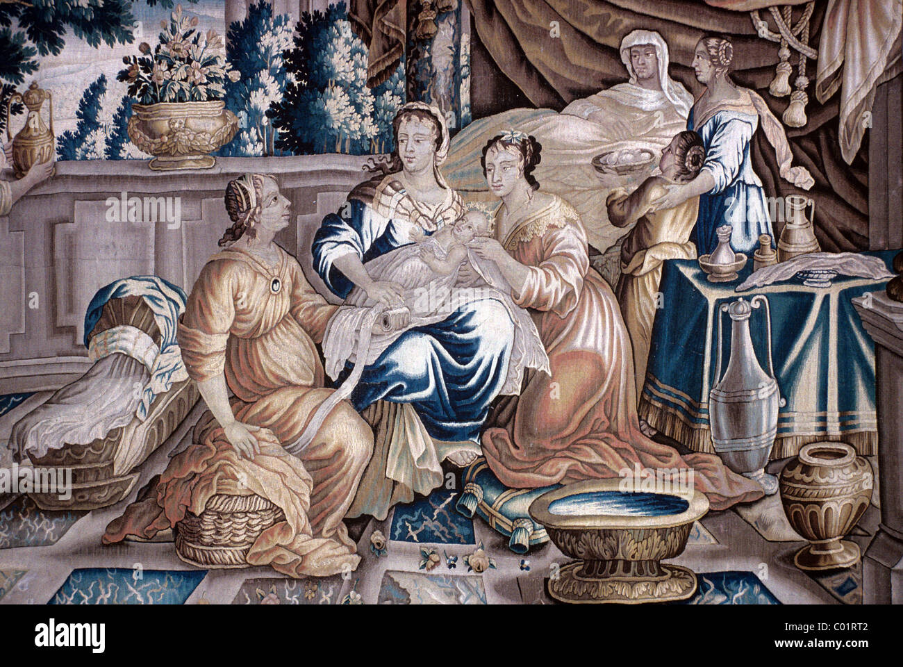 Naissance de Jésus Christ par la Vierge Marie dans la tapisserie d'Aubusson 17ème c Banque D'Images