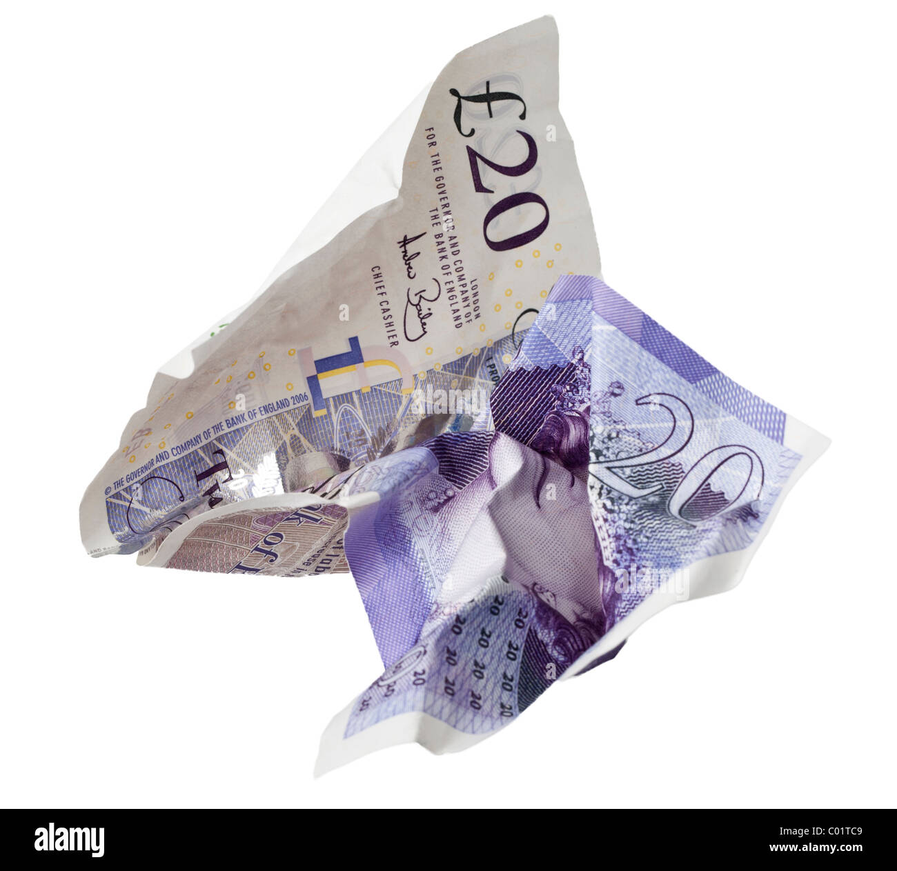 20 € froissé Banque d'Angleterre banque remarque isolés contre un fond blanc, pur Banque D'Images