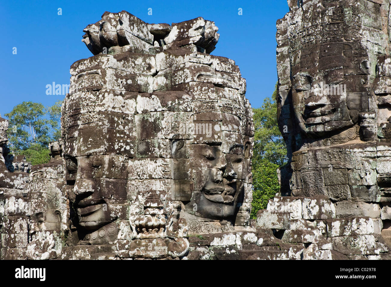 Visage de pierre de Bodhisattva Lokeshvara, temple Bayon, temples d'Angkor, Siem Reap, Cambodge, Indochine, Asie du sud-est Banque D'Images