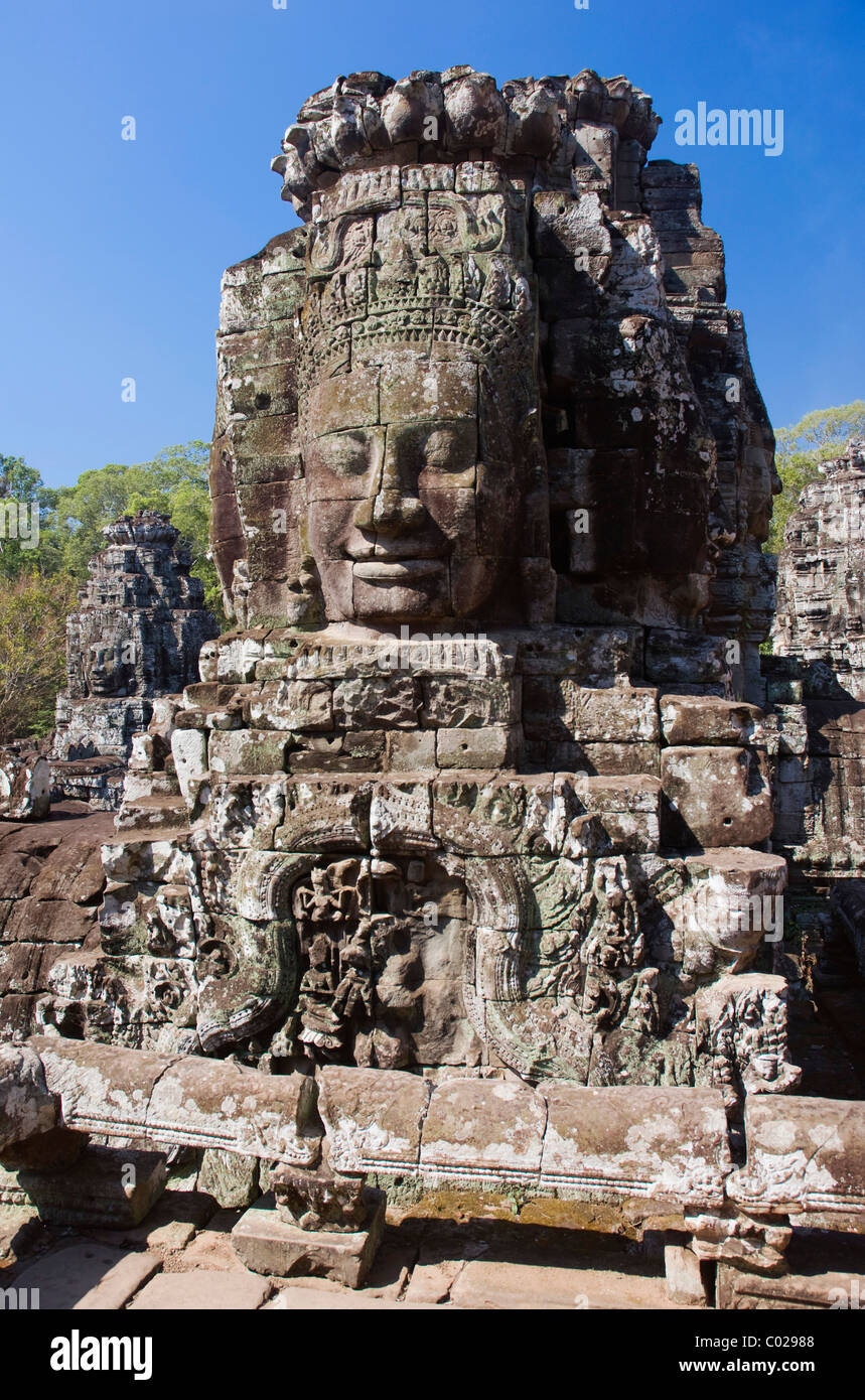 Visage de pierre de Bodhisattva Lokeshvara, temple Bayon, temples d'Angkor, Siem Reap, Cambodge, Indochine, Asie du sud-est Banque D'Images