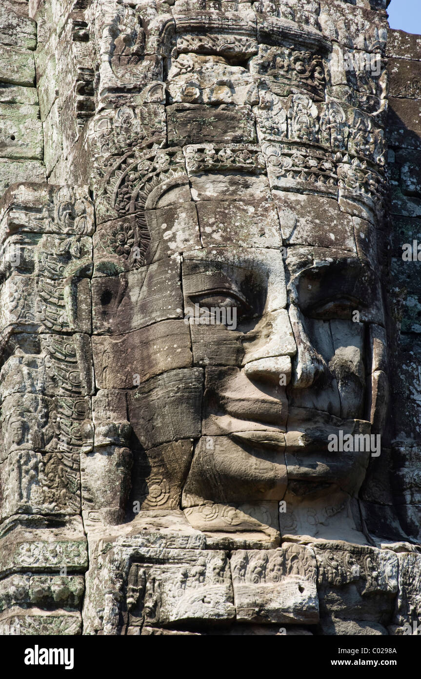 Visage de pierre de Bodhisattva Lokeshvara, temple Bayon, temples d'Angkor, Siem Reap, Cambodge, Indochine, Asie du sud-est Banque D'Images