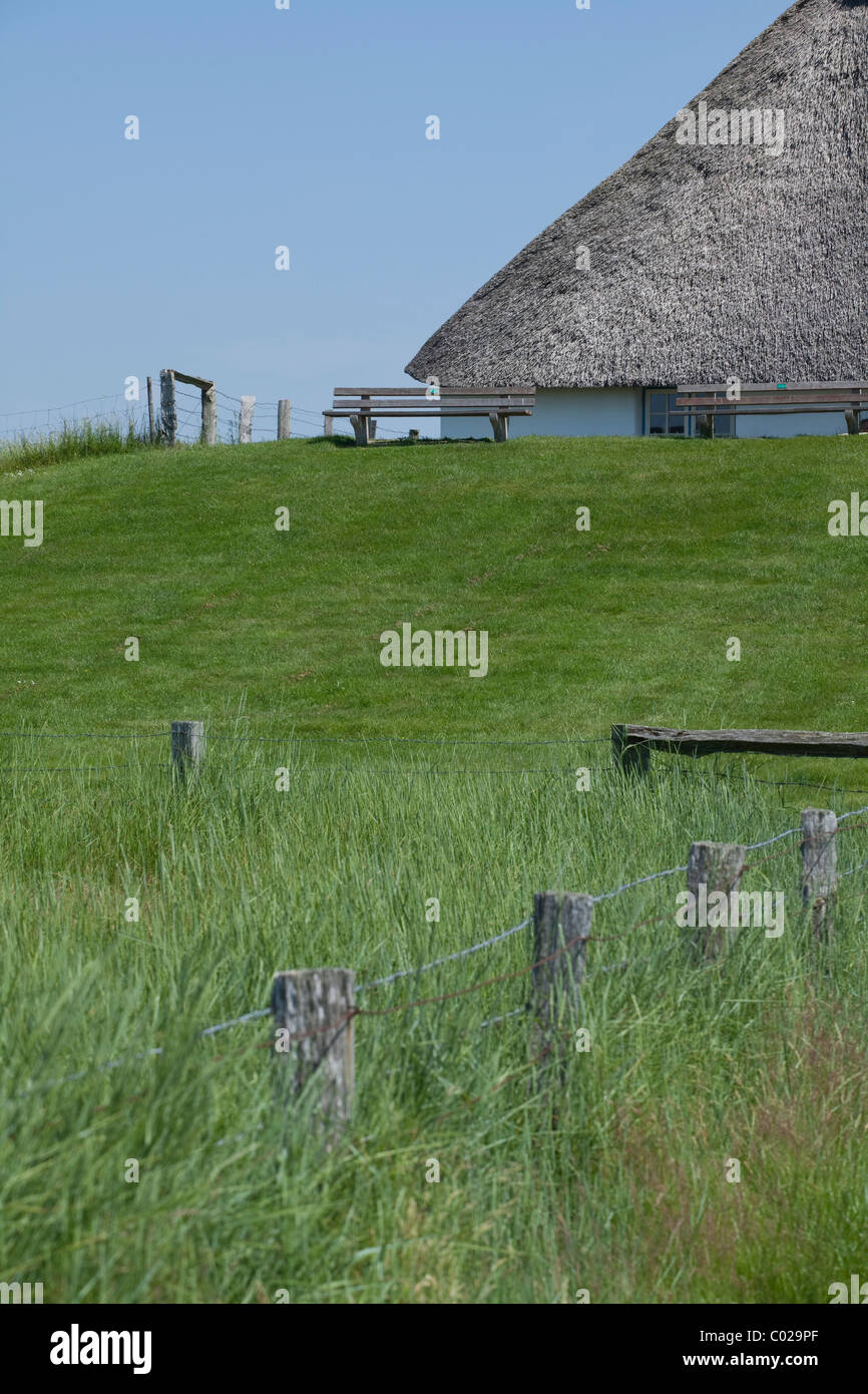Maison avec toit de chaume et d'un restaurant sur la Hallig Hambourg holm, de Frise du Nord, Schleswig-Holstein, Allemagne, Europe Banque D'Images