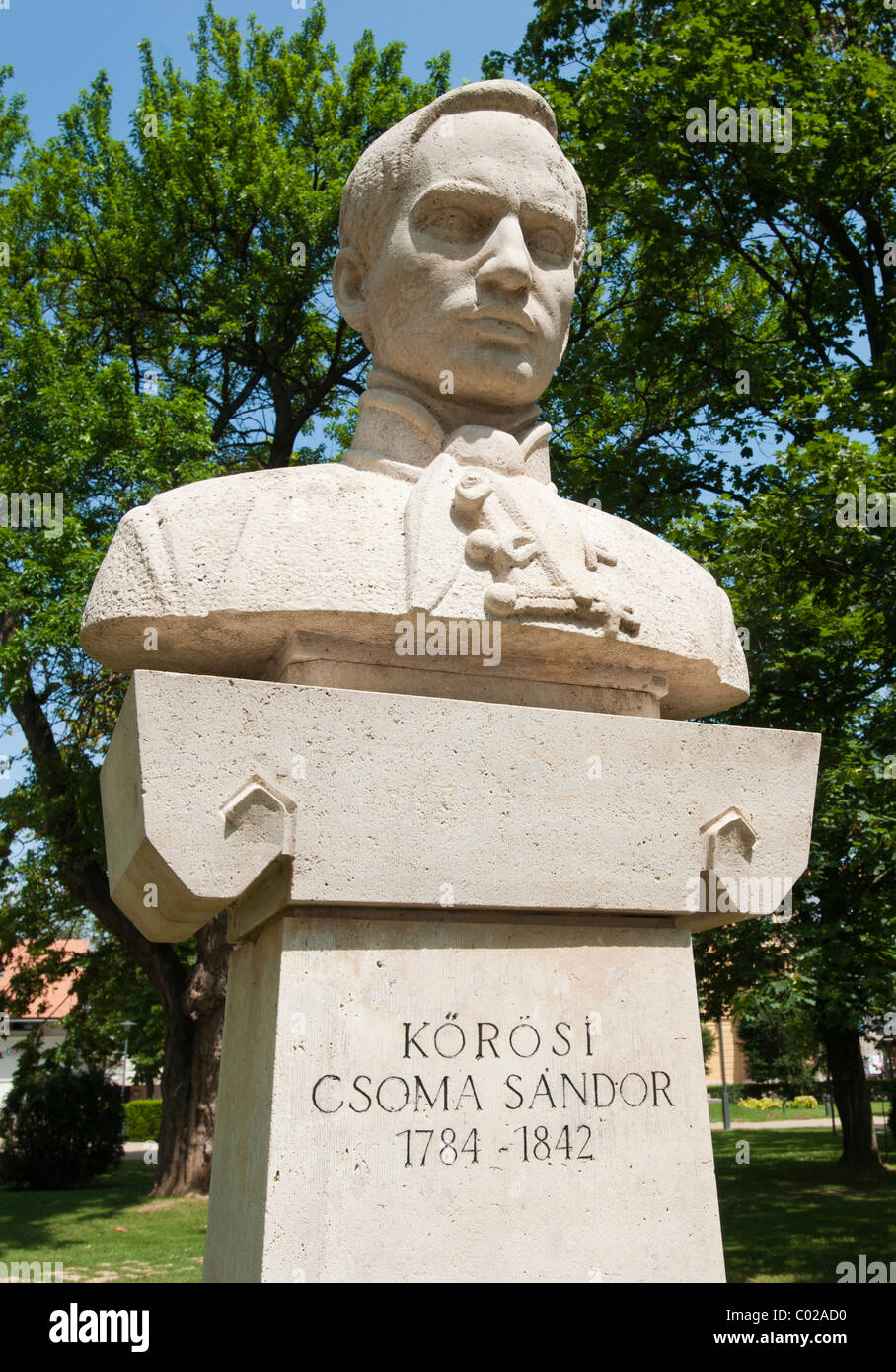 Buste de Koeroesi Csoma Sandor, spa gardens, Balatonfuered sur Lake Balaton, Hungary, Europe Banque D'Images