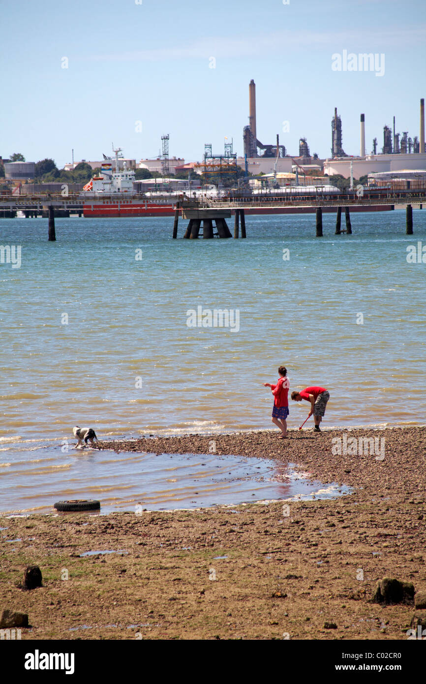 Couple jouant à la balle avec son chien sur la plage de Normandie avec BP tuyaux et plante dans la distance en Juillet Banque D'Images