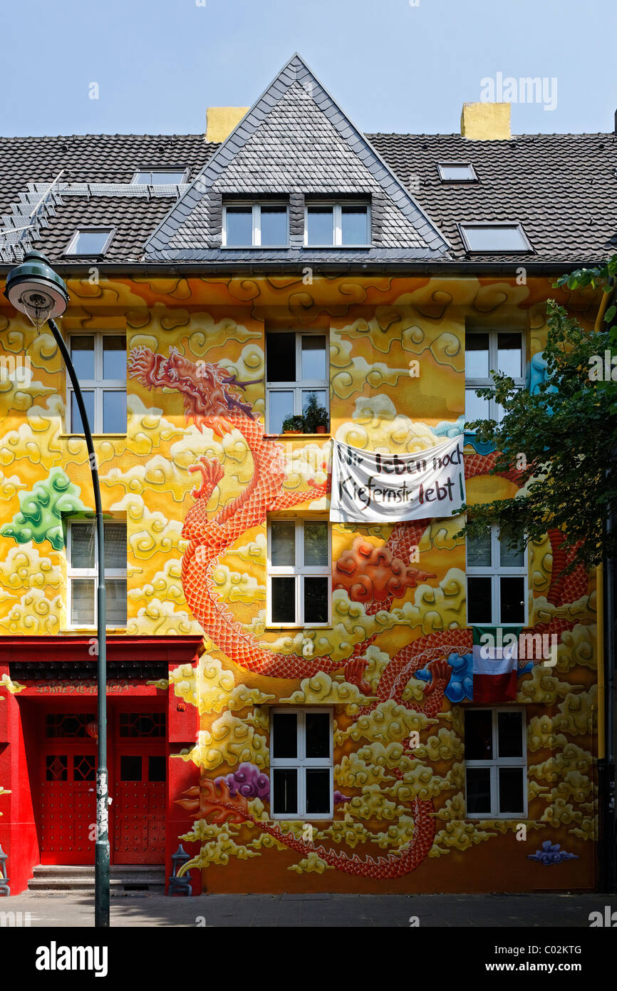 Kiefernstrasse rue, maison d'anciens squatters, artistiquement façade peinte dans le street art style, Duesseldorf-Flingern Banque D'Images