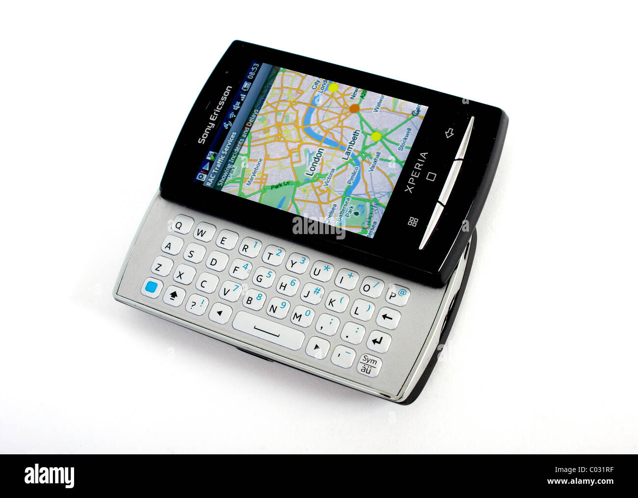 Un Sony Ericsson Xperia mini pro téléphone mobile sur un fond blanc comme une image de marque du produit à l'aide de la sat nav Banque D'Images