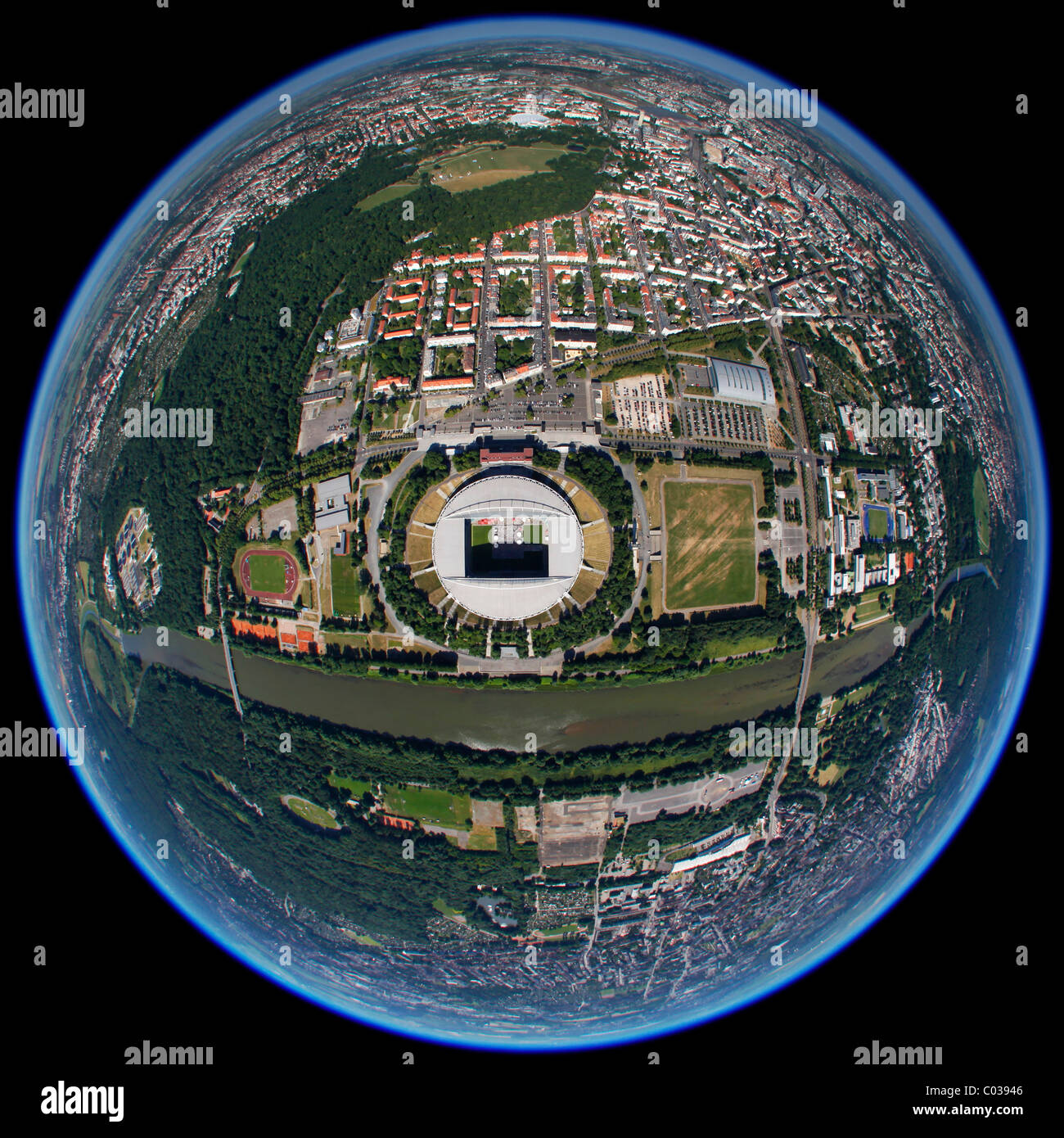 Vue aérienne, fisheye, globe, panorama du stade Zentralstadion, Elsterbecken, la consultation du public dans le stade, suis Sportforum 3 Banque D'Images