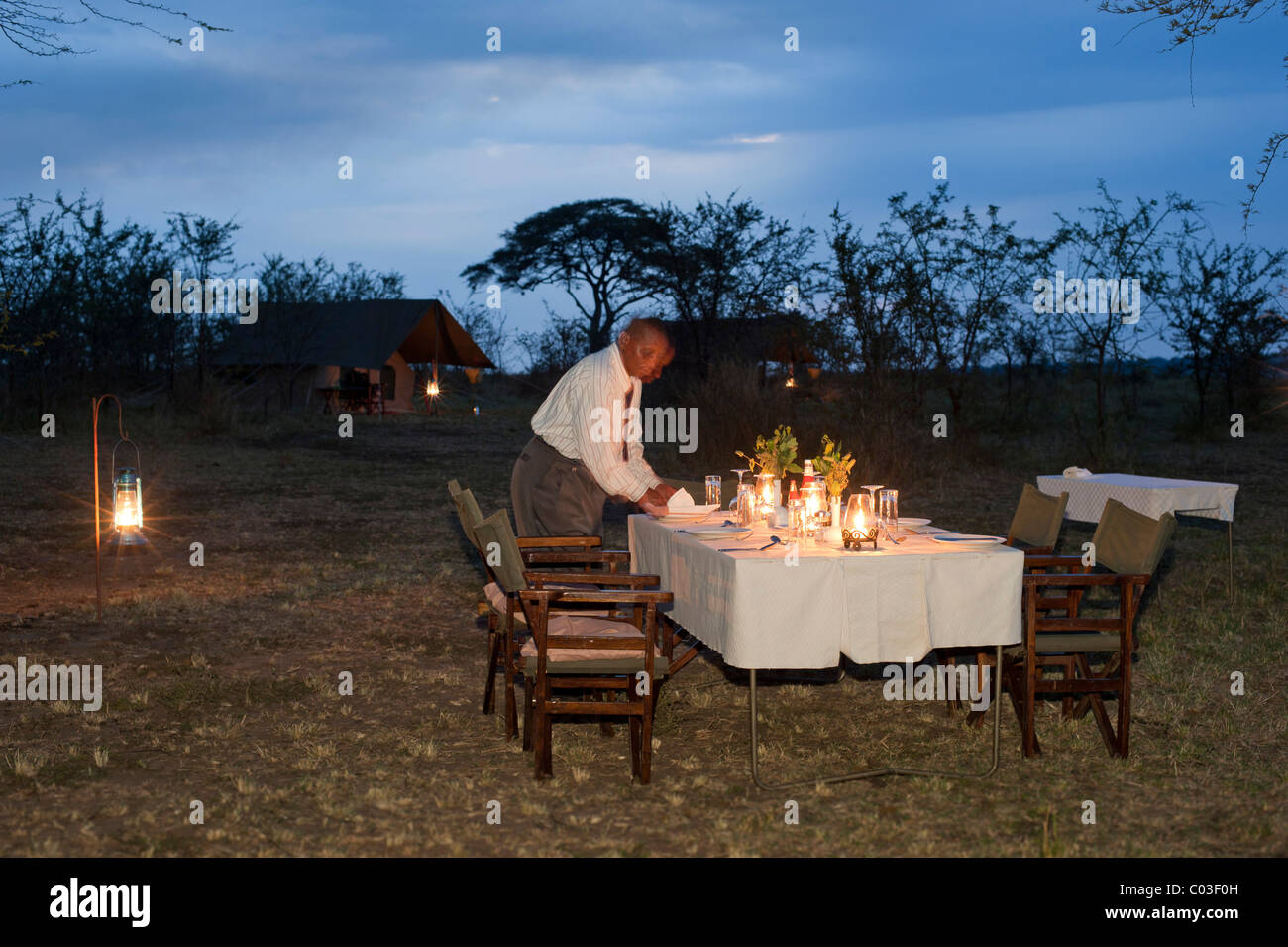 Camp de luxe élégant, table, vivant sous la tente, Serengeti, Tanzania, Africa Banque D'Images