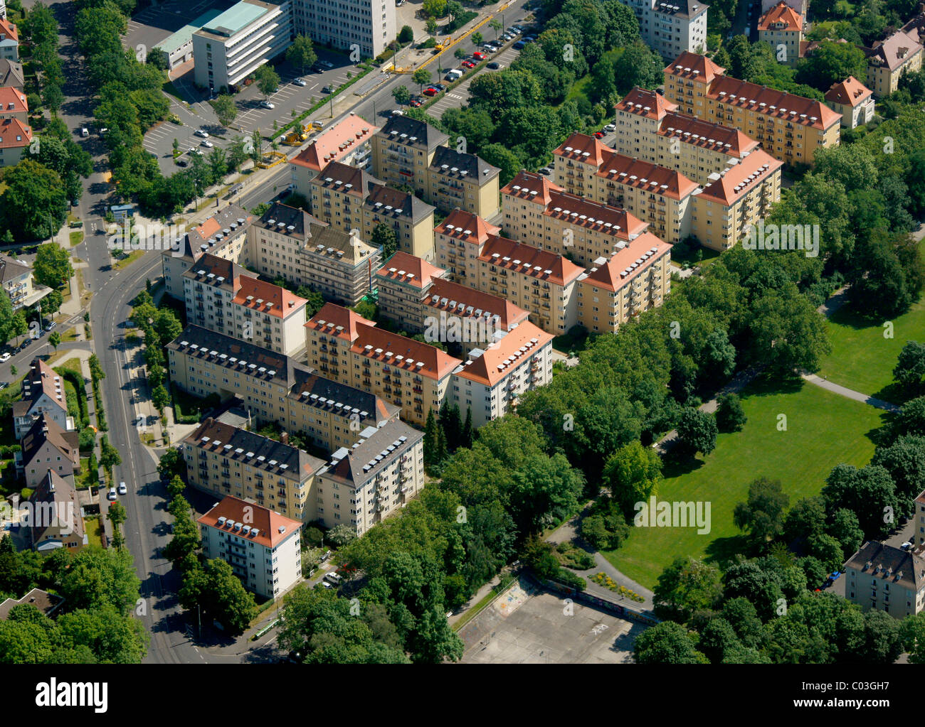 Vue aérienne, les logements résidentiels, Geysostrasse, Kassel, Hesse, Germany, Europe Banque D'Images