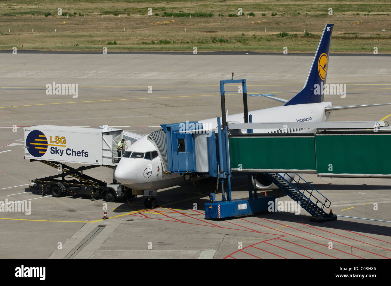 L'avion de Lufthansa en cours de déchargement, contenant et passerelle relié à l'avion, tablier, Cologne Bonn Airport Banque D'Images