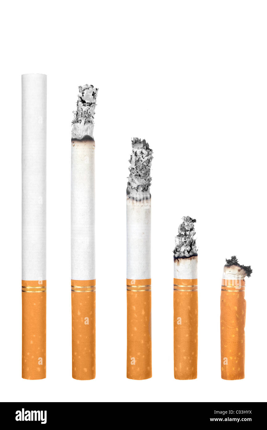Un montage de cigarettes au cours de différentes étapes de brûler. Chacun est isolé sur blanc. Banque D'Images