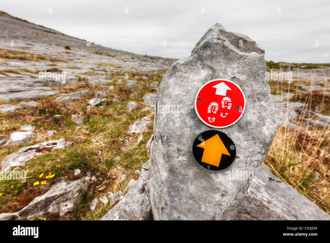 Le marquage du sentier, Parc National de Burren, comté de Clare, Irlande, Europe Banque D'Images