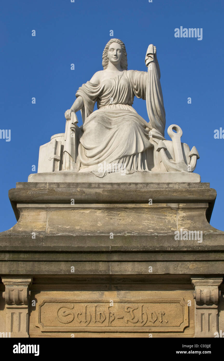 Eefahrt «und Handel', 'seafaring statue et le commerce", sur un pilier de grès, Mayence porte du château, lettrage 'Schloss-Thor' Banque D'Images
