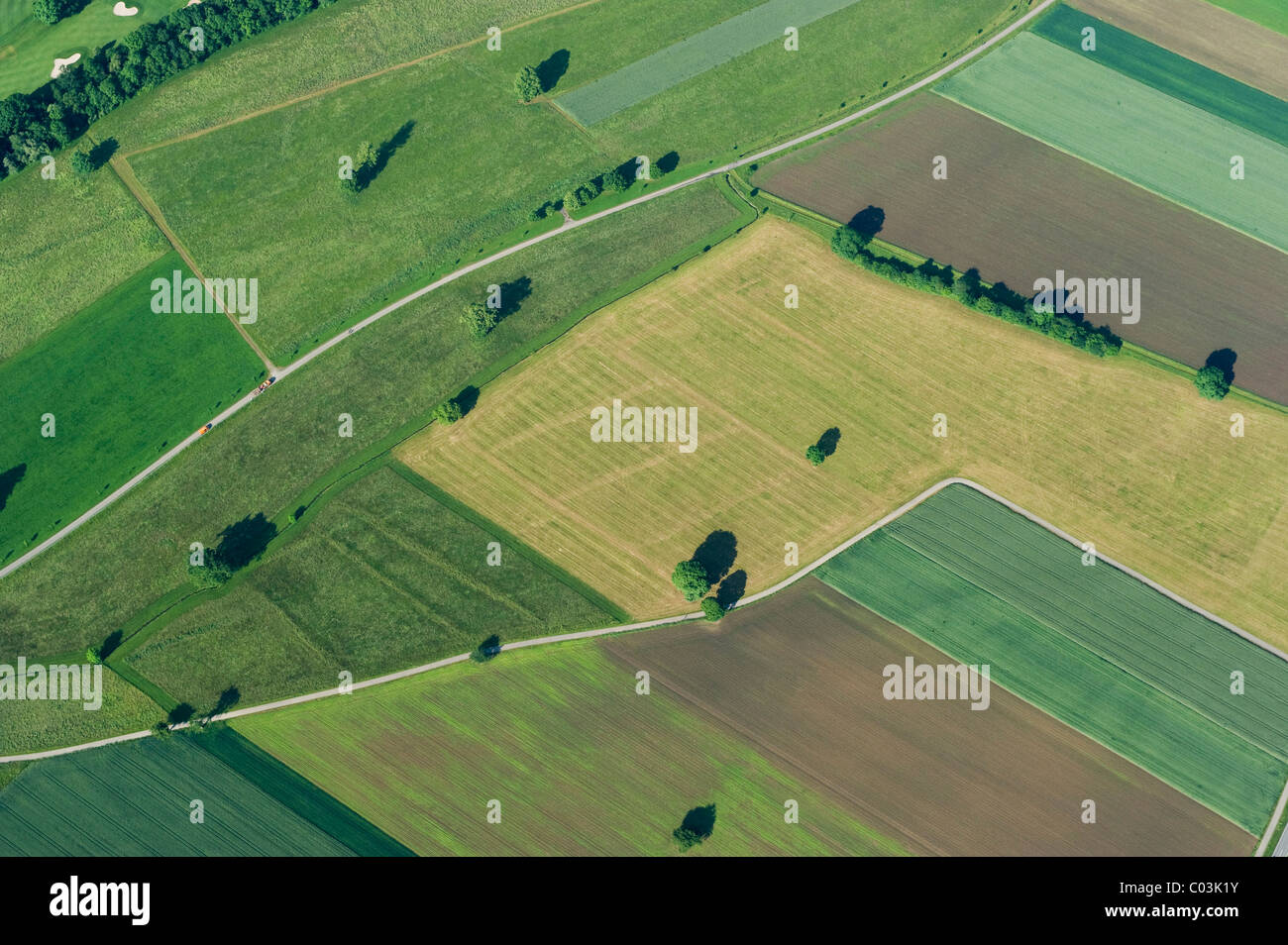 Vue aérienne de champs et routes près de Freiburg im Breisgau, Bade-Wurtemberg, Allemagne, Europe Banque D'Images