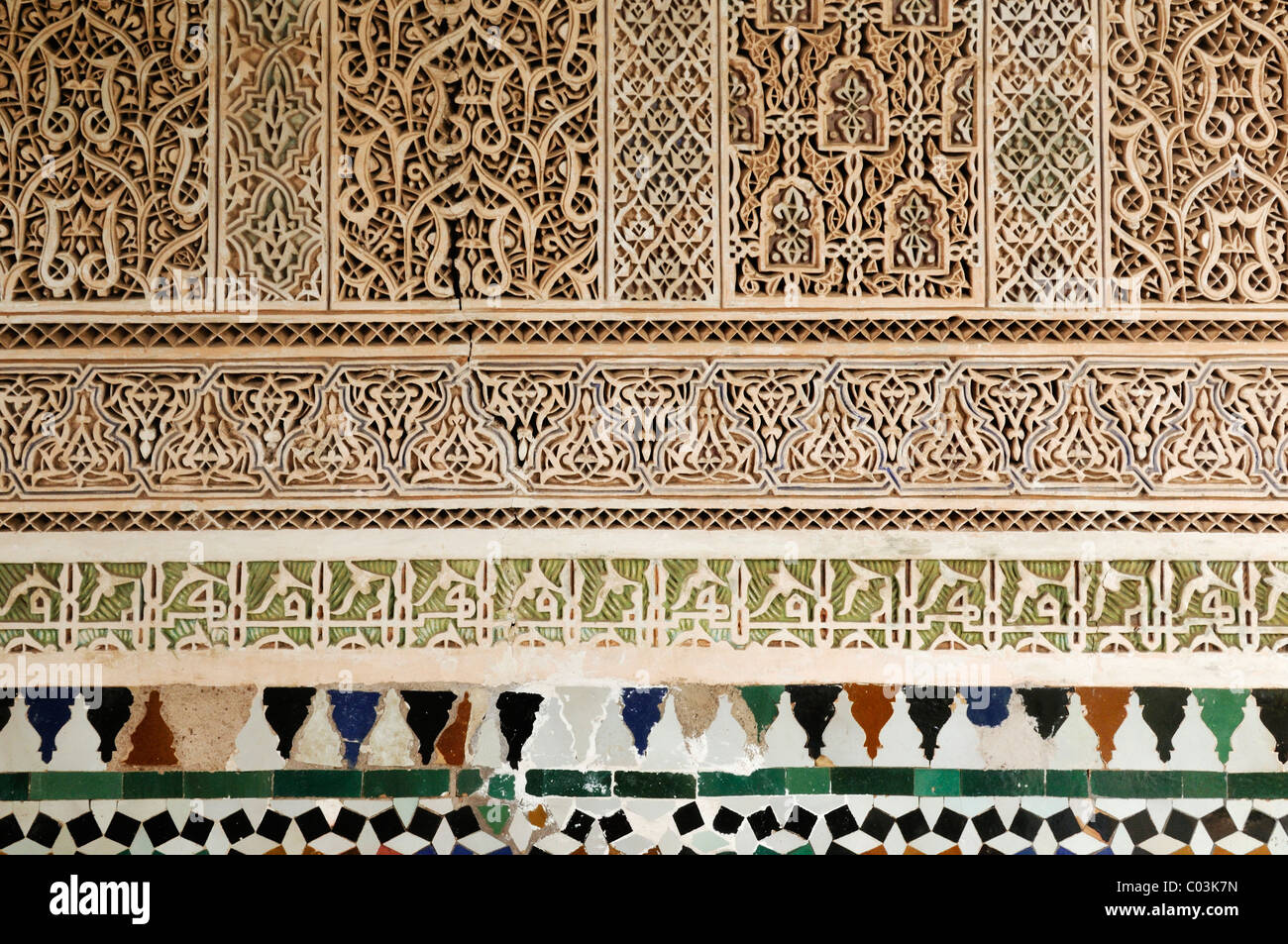 , Zellige Zillij, Zellij, carrelage terre cuite, décoration murale dans le El Palais Bahia, Medina, Marrakech Banque D'Images