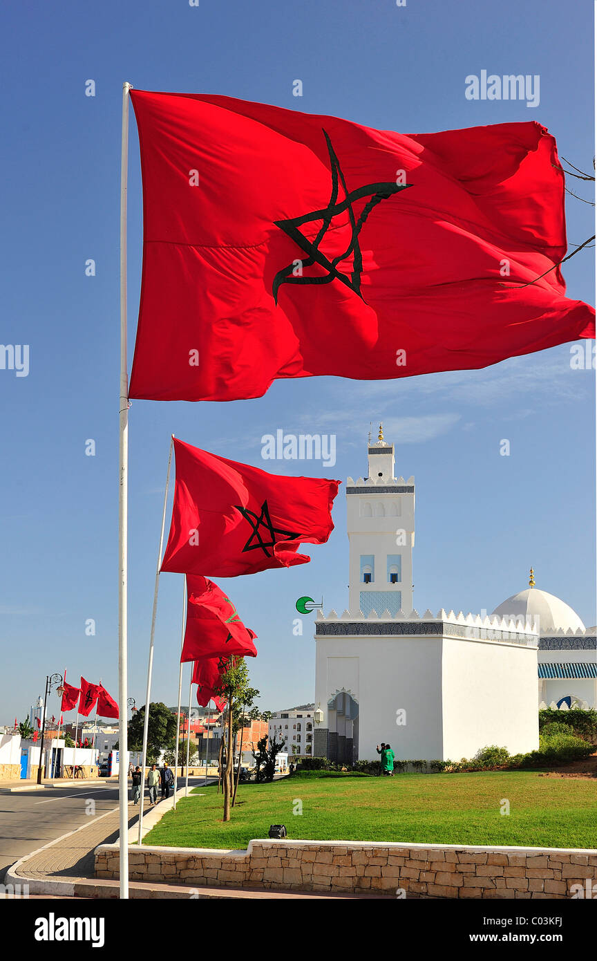 Drapeaux nationaux du Royaume du Maroc devant une mosquée, M'diq, le Maroc, l'Afrique Banque D'Images