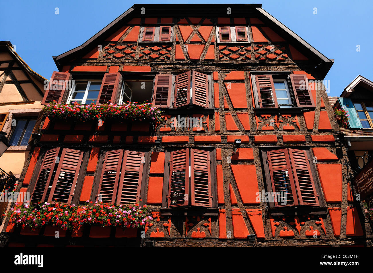 Vieille façade à colombages alsacienne, 78 Grand'Rue, Ribeauvillé, Alsace, France, Europe Banque D'Images