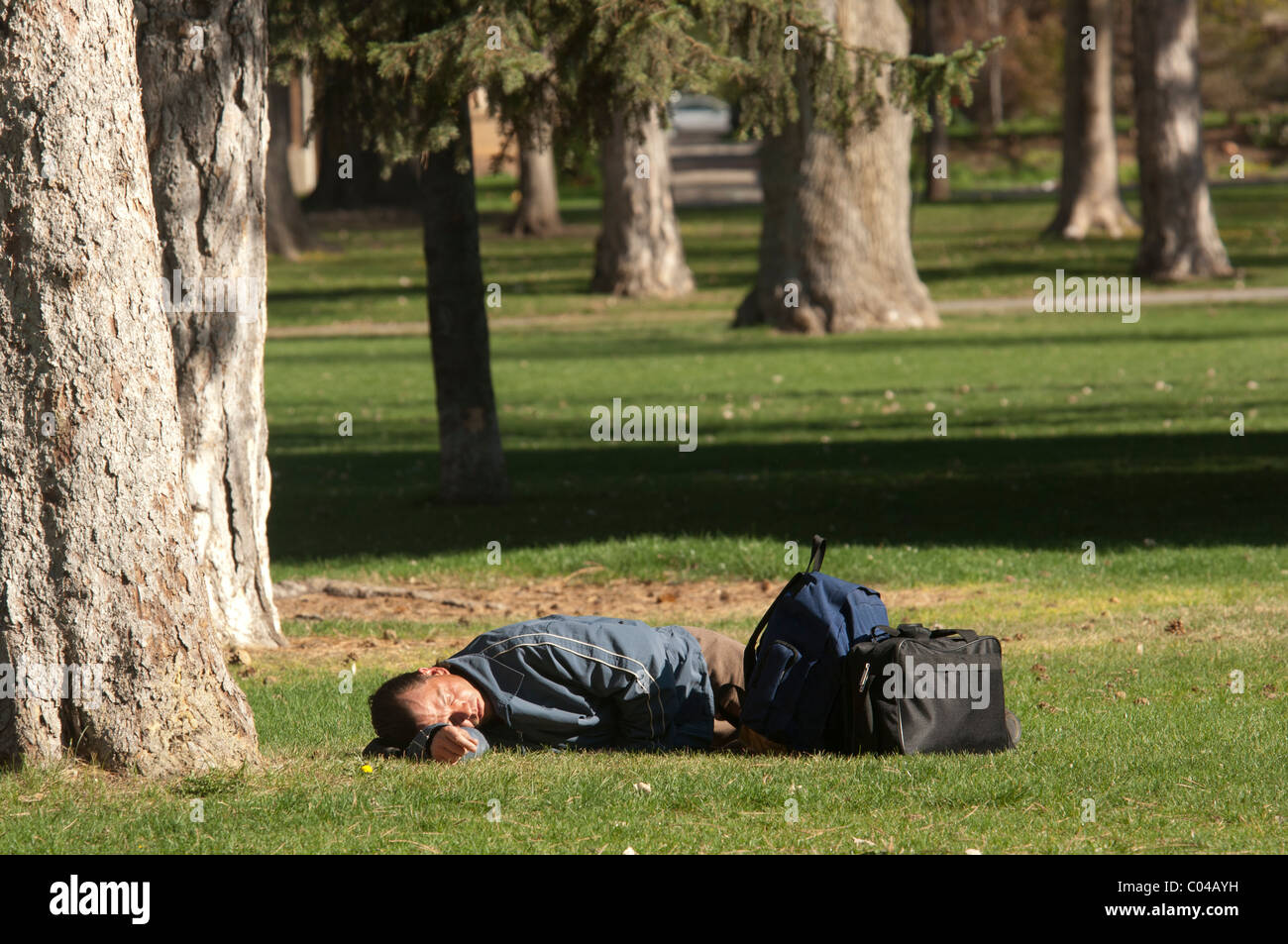 Sans-abri dormant dans un parc public en Amérique latine Banque D'Images