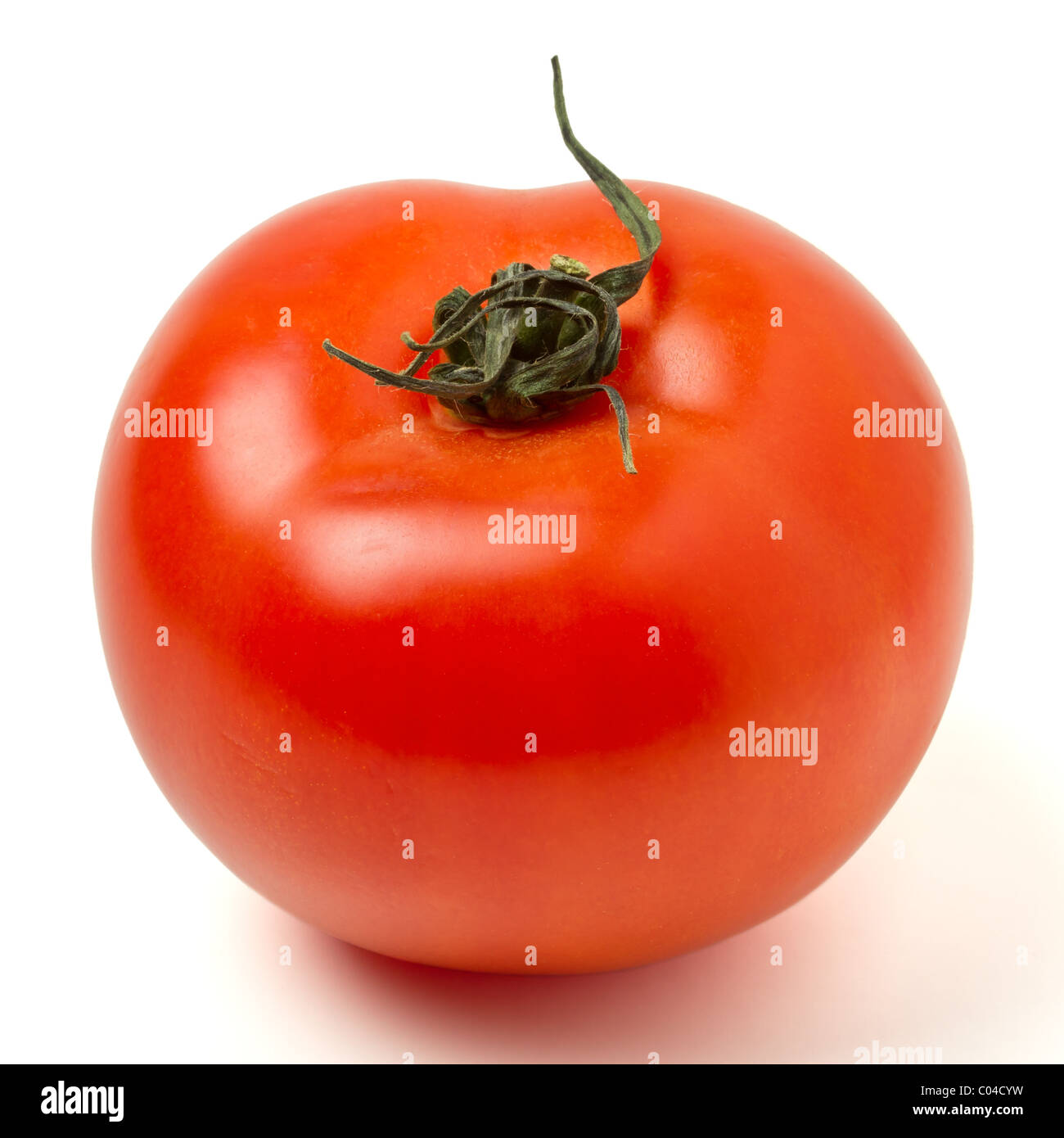 Tomates dynamique de perspective faible isolé sur blanc. Banque D'Images