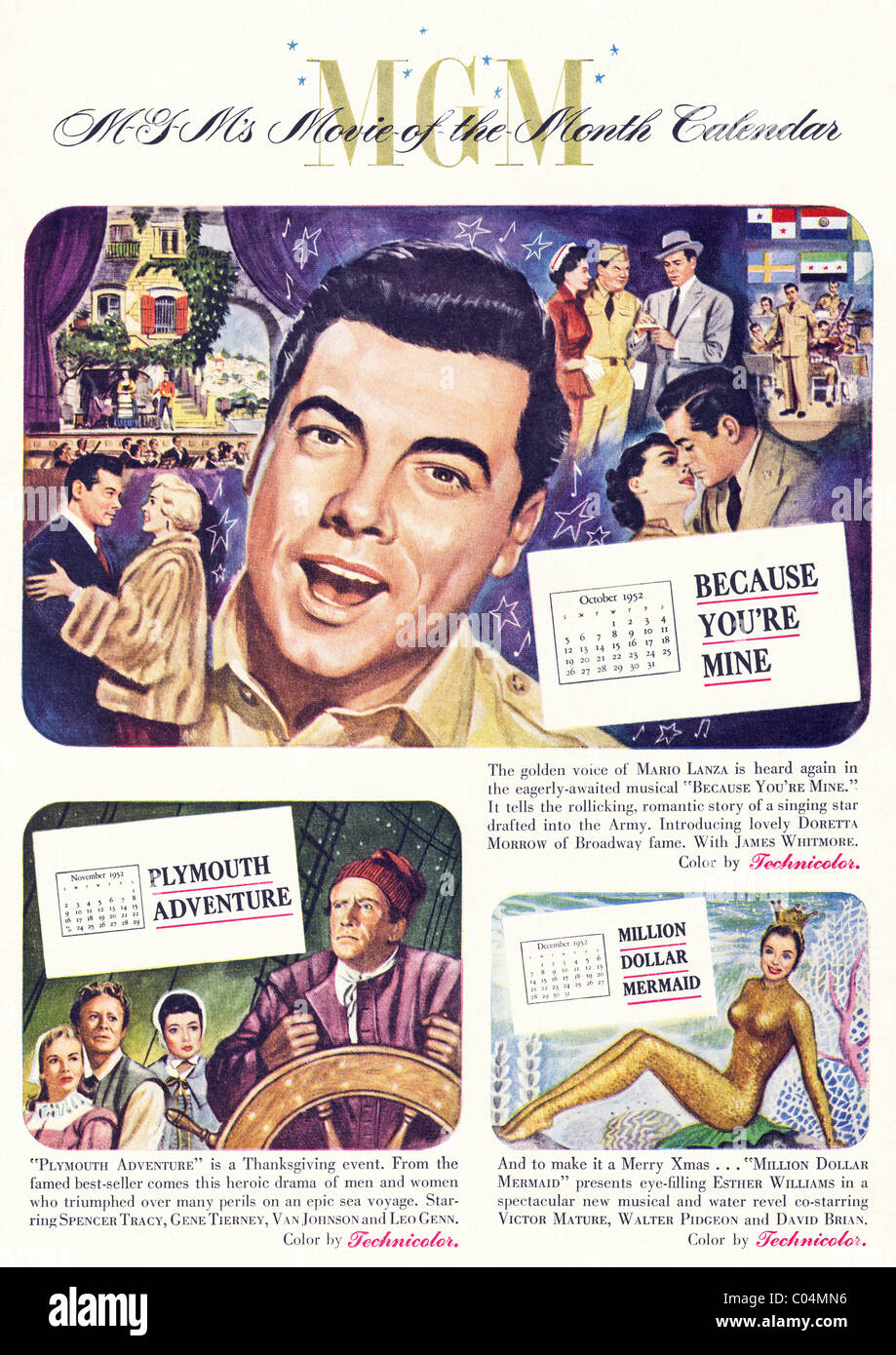 Original des années 1950 s'annonce pleine page dans le magazine des consommateurs américains pour MGM film vedette du mois Banque D'Images