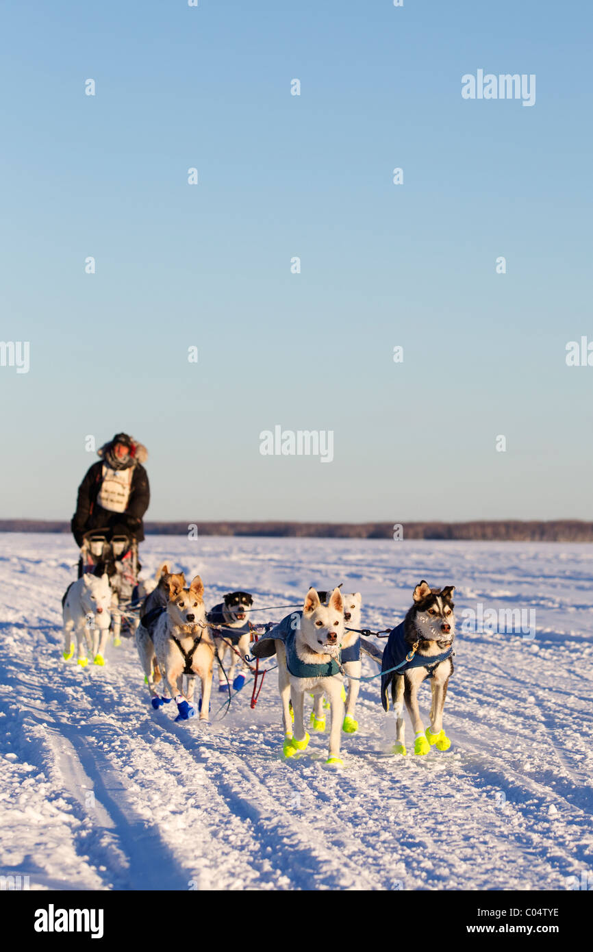 Une équipe de chiens de traîneau sur un lac gelé. Banque D'Images