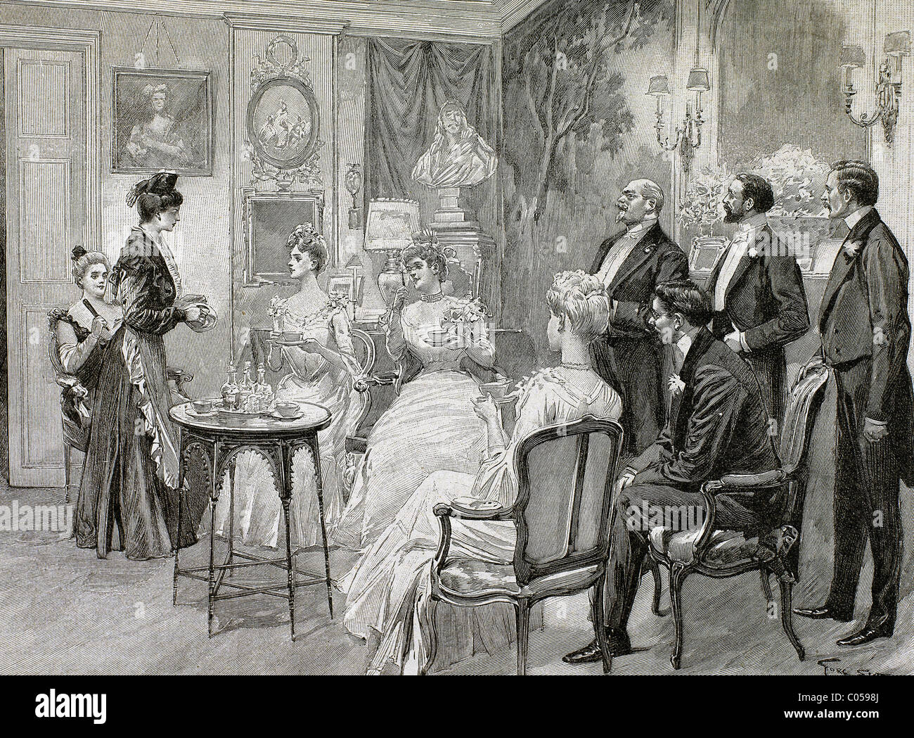 Réunion des familles aristocratiques dans le salon. Gravure de George Scott, 1892. Banque D'Images