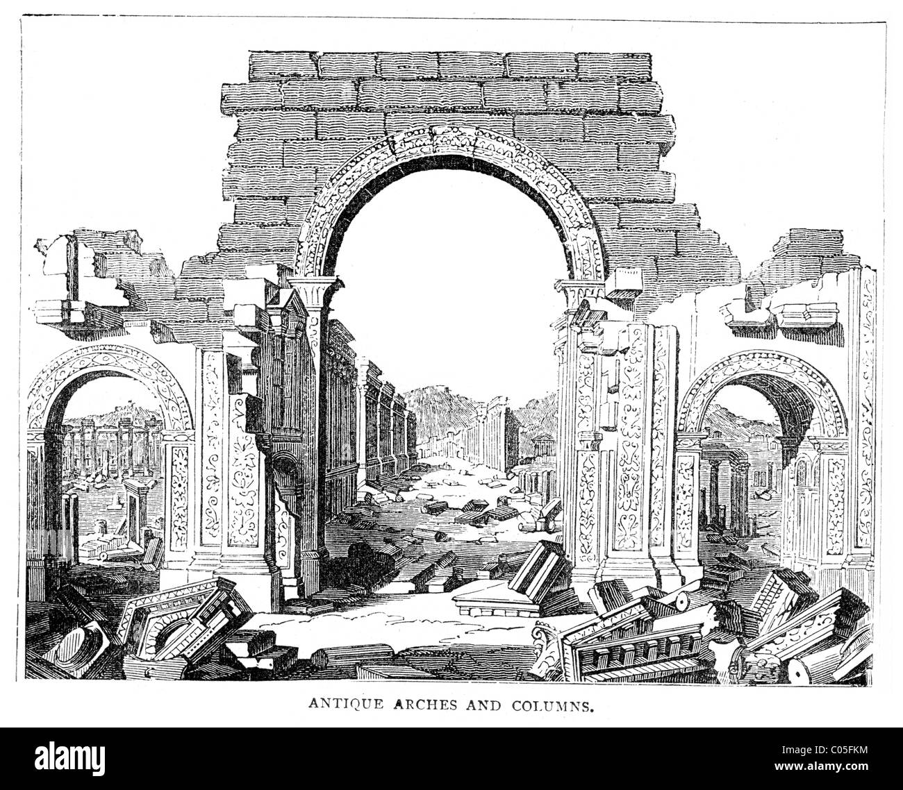 La gravure des ruines anciennes arcades et colonnes Banque D'Images