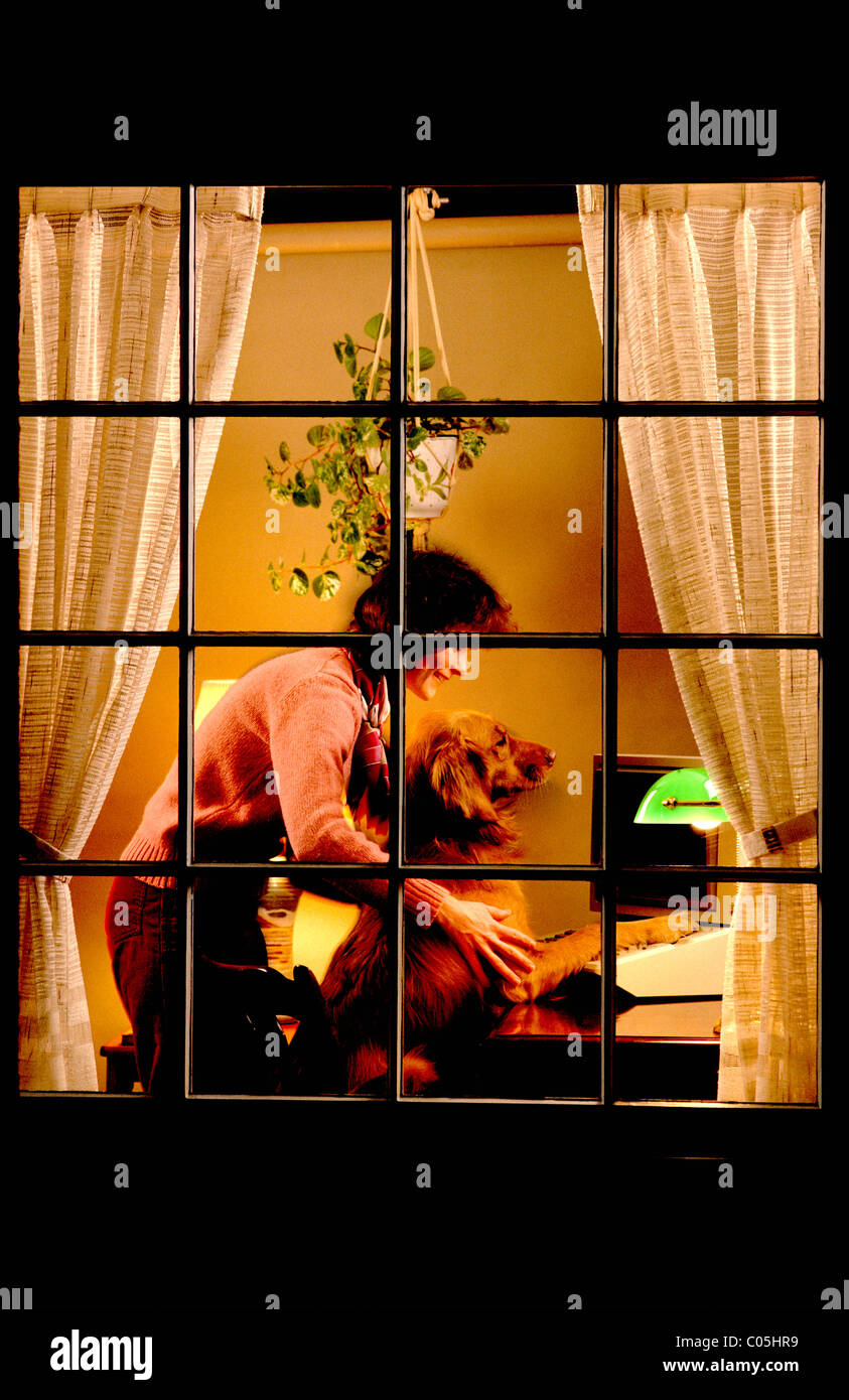 Nuit vue à travers une fenêtre d'une femme avec son Golden Retriever dog travaillant sur un ordinateur à la maison Banque D'Images