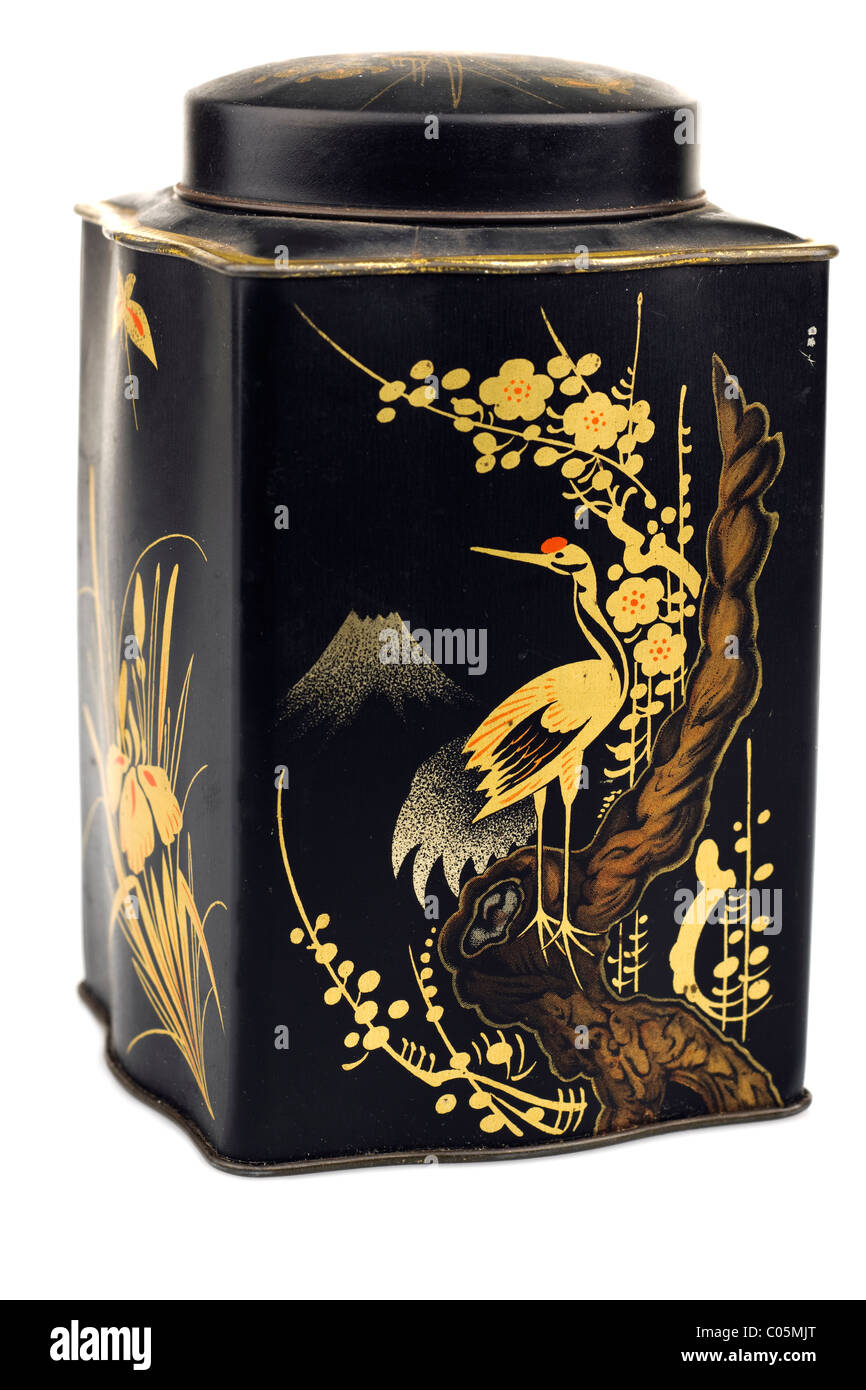 Ancien vintage marquée thé noir usé caddy avec une illustration d'oiseaux pour la grue du Canada. Seulement ÉDITORIALE Banque D'Images