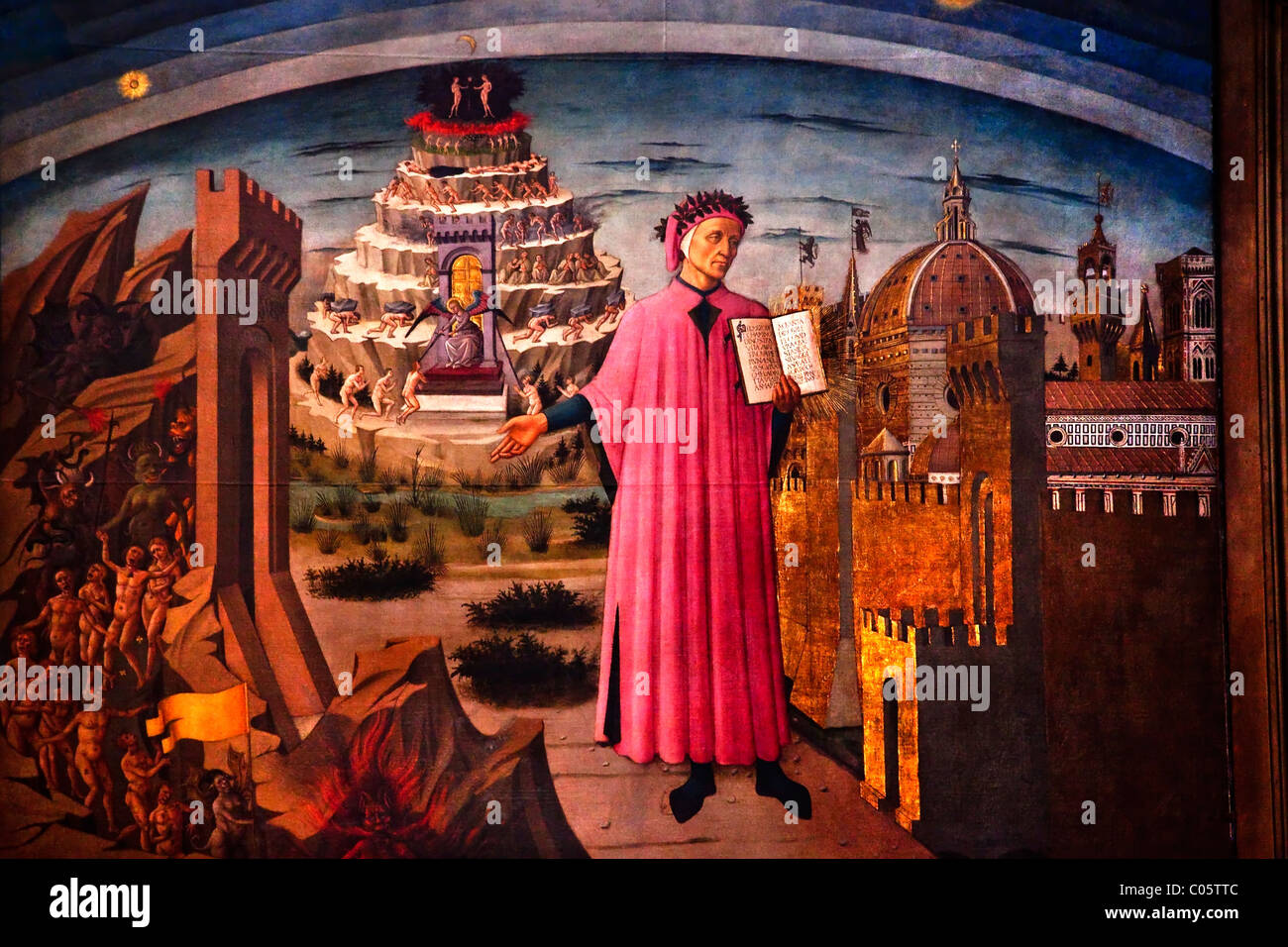 Dante et La Divine Comédie peint par Domenico di Michelino en 1465, Basilique-cathédrale Duomo Florence Italie église Banque D'Images