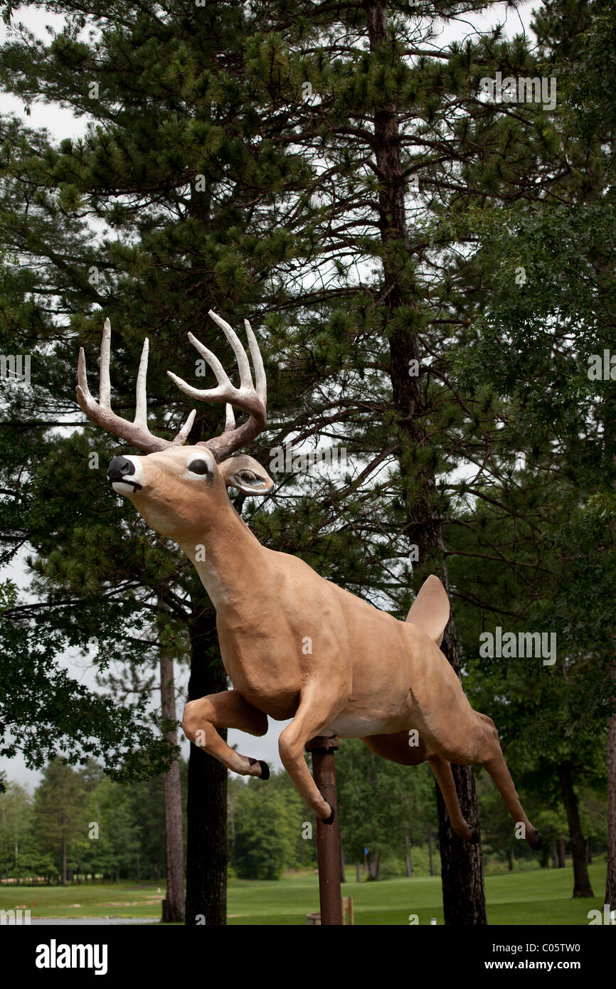 Giant Wild white-tailed deer statue dans les forêts du Wisconsin Northwoods. Banque D'Images