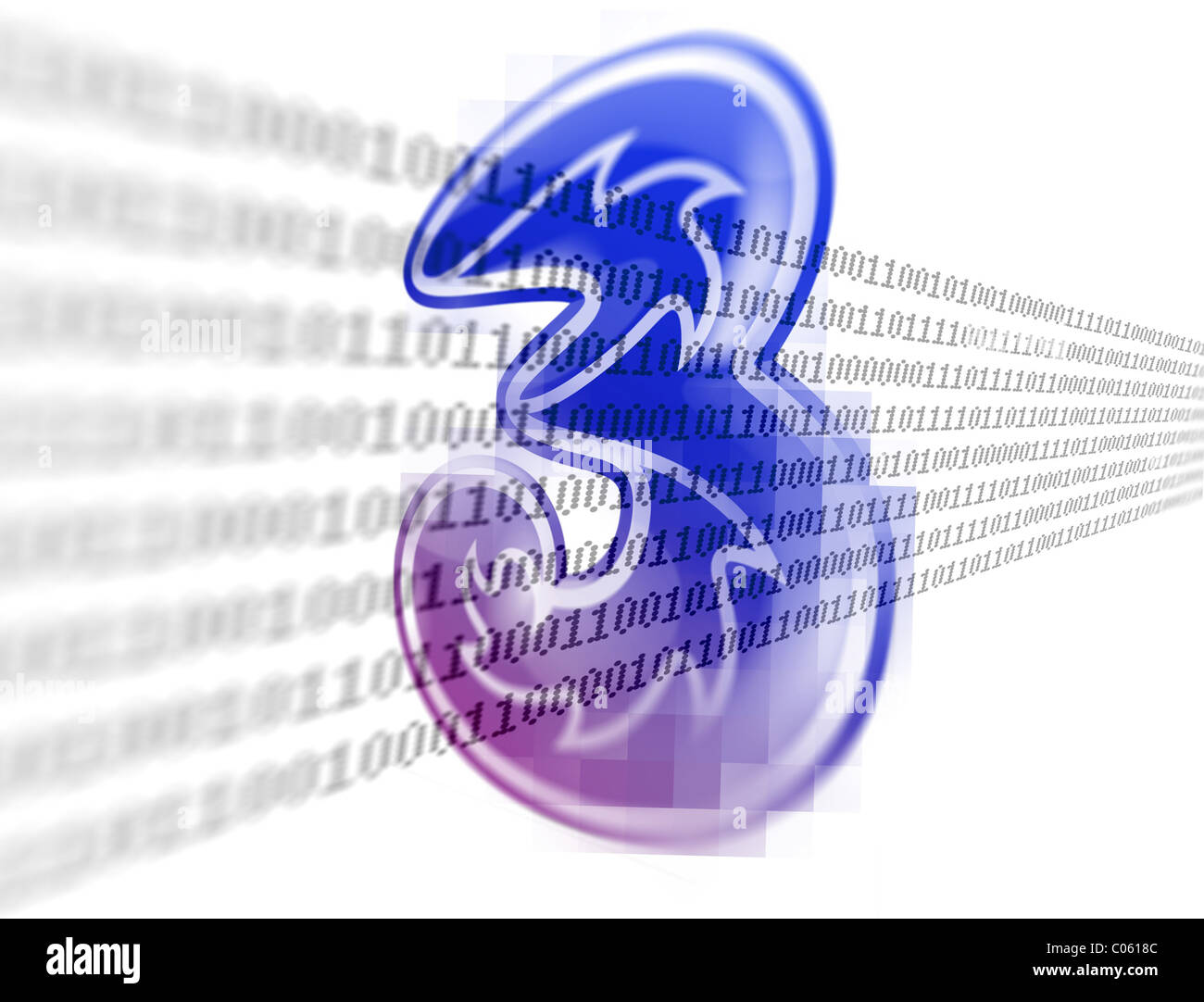 Photo Illustration des 3 (trois) Mobile Logo Réseau mélangé avec le flux de données représentant l'utilisation des données, plafonnement des données Banque D'Images